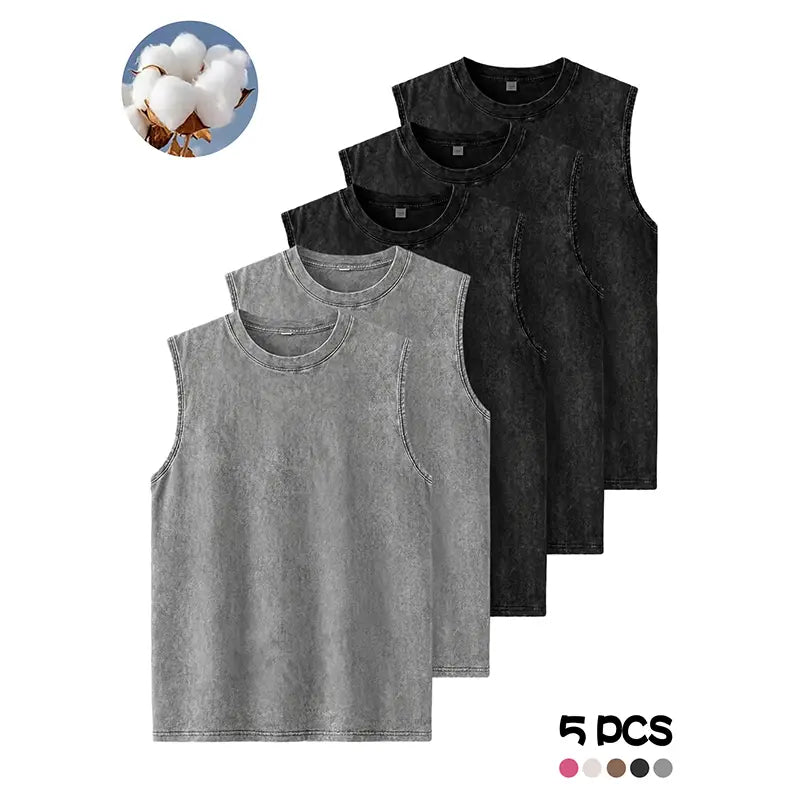 Men's Fashion Washed Pure Cotton Crew Neck Sleeveless Tank Tops, Breathable Moisture-Wicking Vest for Summer Outdoor Sports, Casual Outings