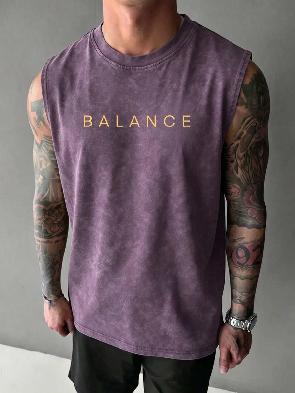 100% Cotton Vintage Wash Sleeveless Tank Top, Brain Heart Balance Minimal Line Art Back Print Loose Fit Gym Sleeveless Activewear Fitness Wear Streetwear Graphic Vest, Sleeveless Workout Vest