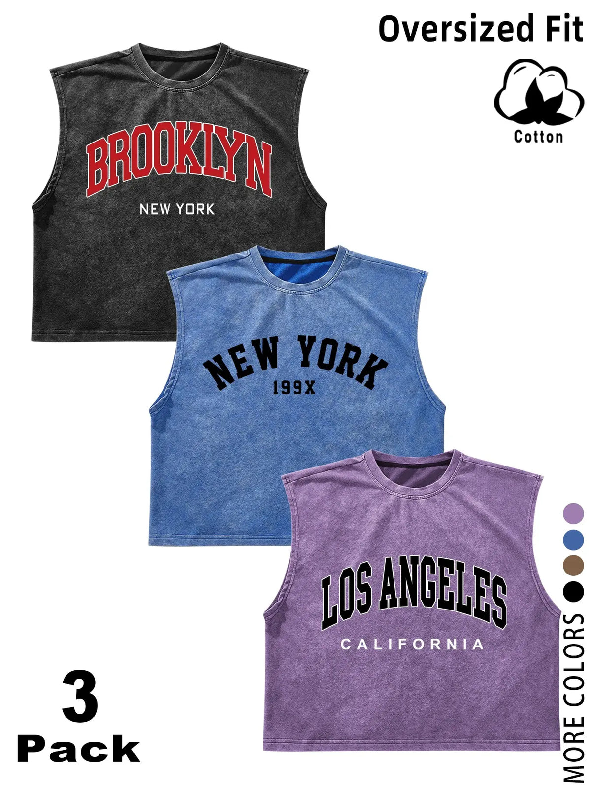 3 Pack/1 Pack Vintage Washed Solid Sleeveless Tank Tops, Unisex Oversized Crew Neck Cotton Cropped Muscle Shirts, Casual Loose Fit Basic Tees, Breathable Soft Fabric, Multiple Colors Available, Men Women Summer Streetwear, Workout, Daily Wear, Y2K Style