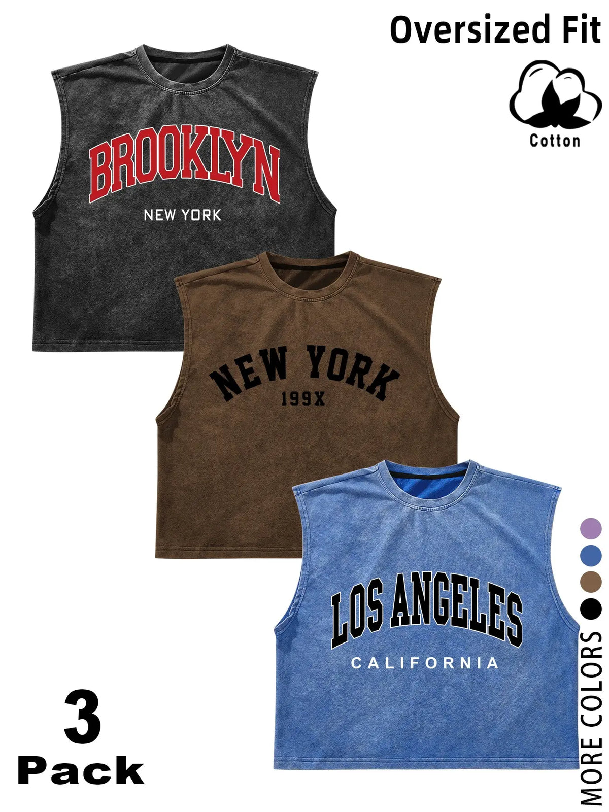 3 Pack/1 Pack Vintage Washed Solid Sleeveless Tank Tops, Unisex Oversized Crew Neck Cotton Cropped Muscle Shirts, Casual Loose Fit Basic Tees, Breathable Soft Fabric, Multiple Colors Available, Men Women Summer Streetwear, Workout, Daily Wear, Y2K Style