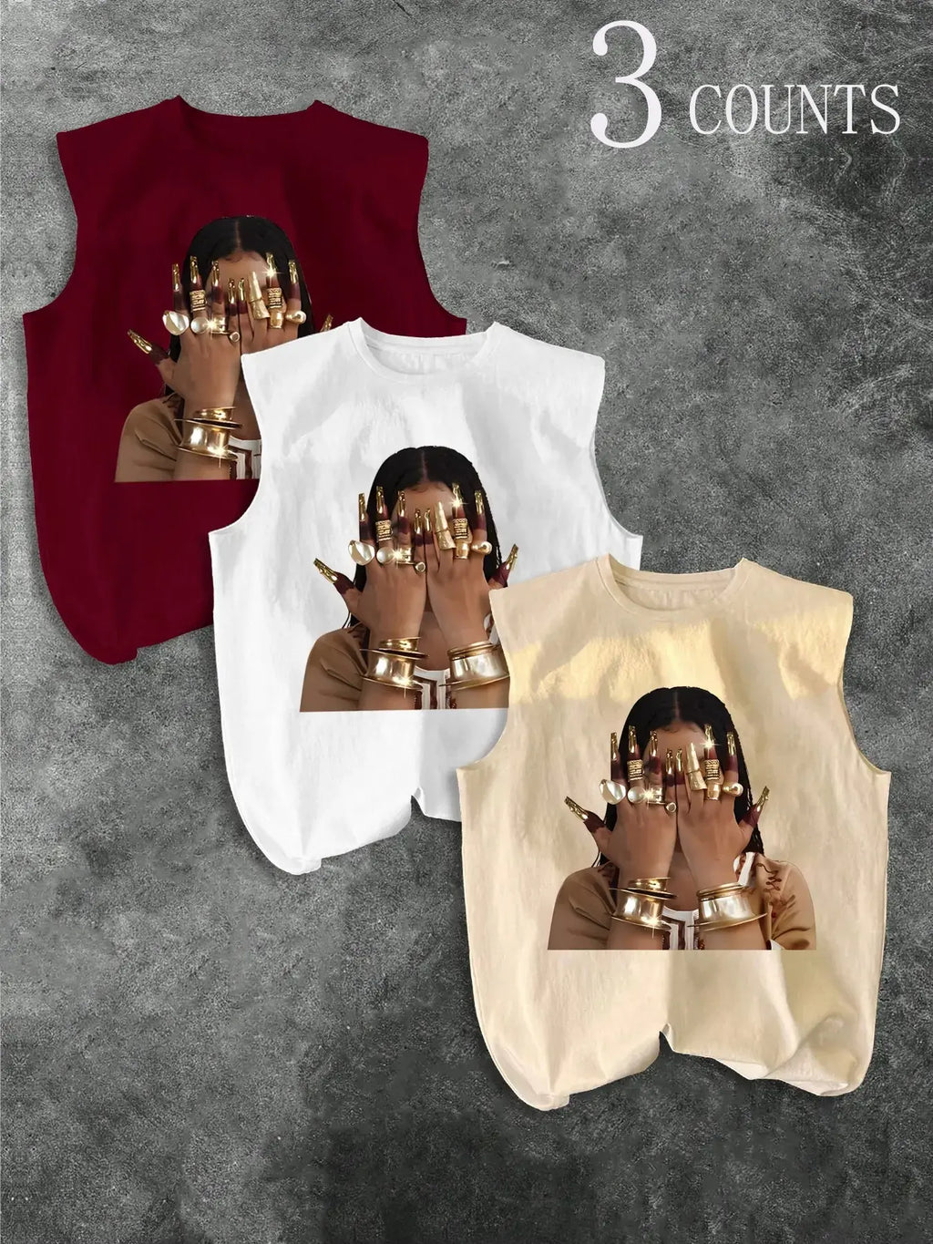 Men's Three-Piece Trendy Casual Oversized Loose Sleeveless Vest Set, Face-Wiping Woman Graphic Print, Perfect for Summer Clothes, Vacation, Friend Gatherings