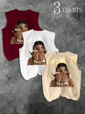 Men's Three-Piece Trendy Casual Oversized Loose Sleeveless Vest Set, Face-Wiping Woman Graphic Print, Perfect for Summer Clothes, Vacation, Friend Gatherings