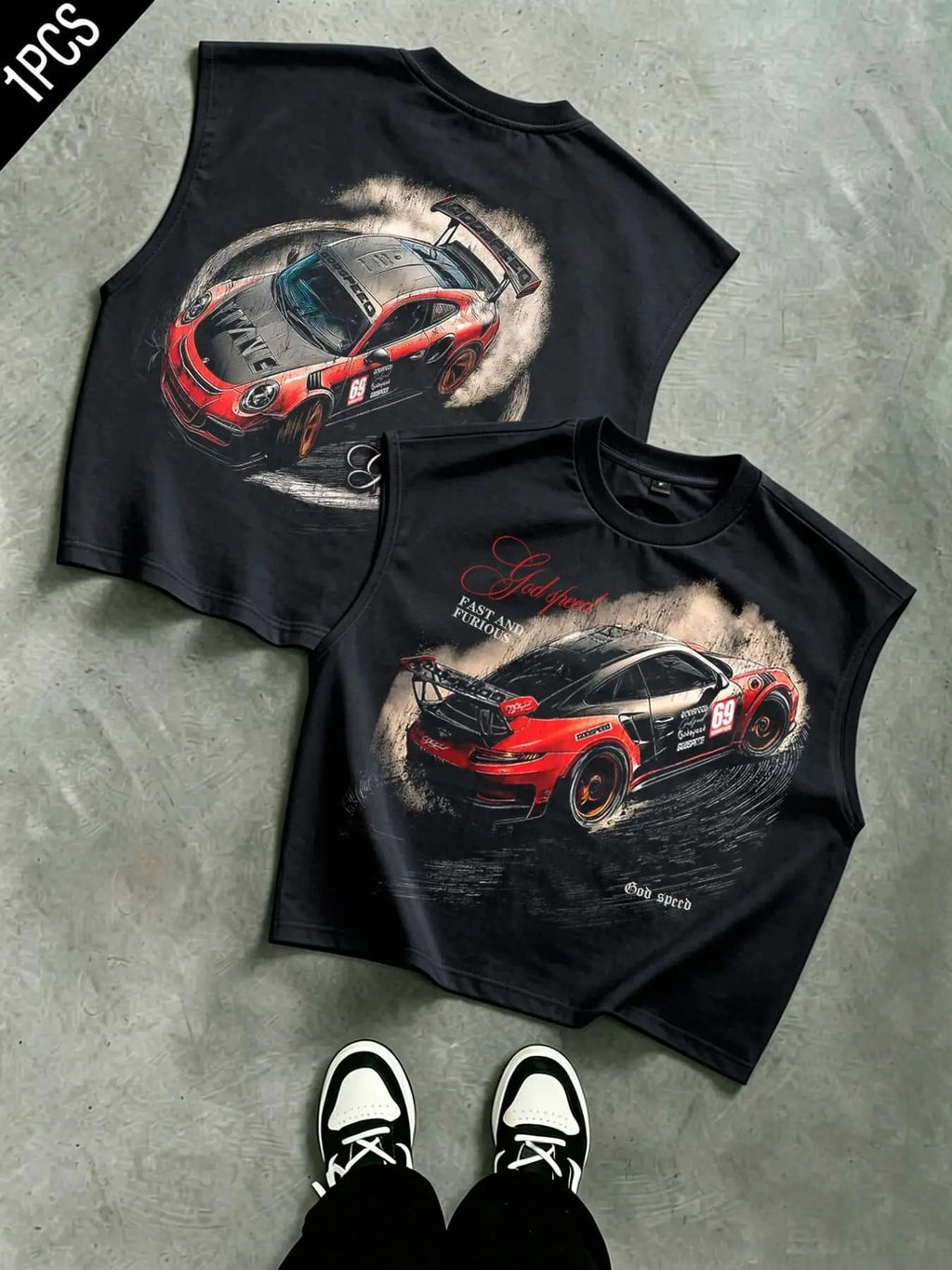 Godspeed drift sports car No. 69 Graphic printed men's vest is loose and heavy, American retro style sports racing printed men's vest, sleeveless T-shirt for men and women, daily street sports vest party rock outdoor