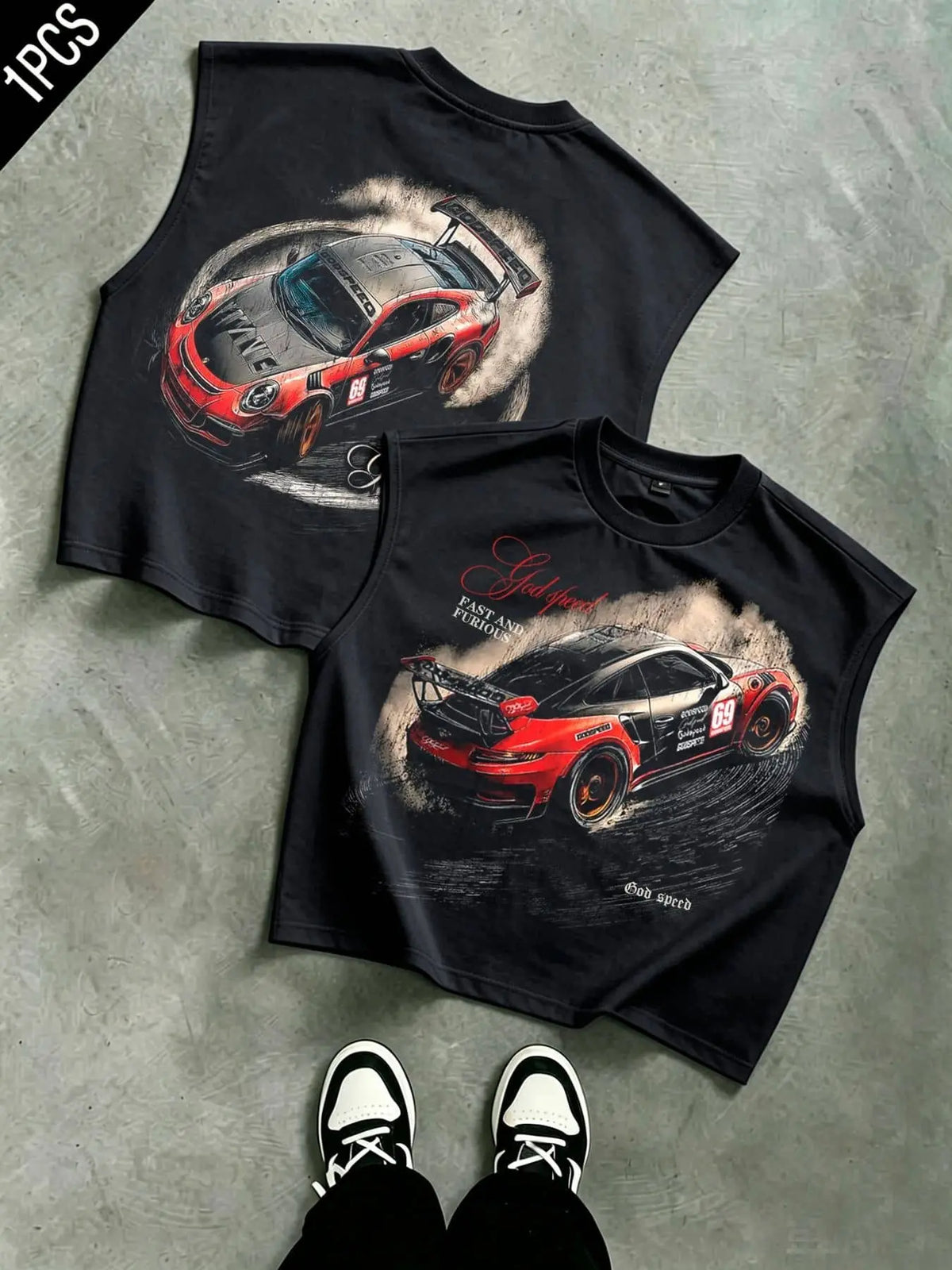 Godspeed drift sports car No. 69 Graphic printed men's vest is loose and heavy, American retro style sports racing printed men's vest, sleeveless T-shirt for men and women, daily street sports vest party rock outdoor