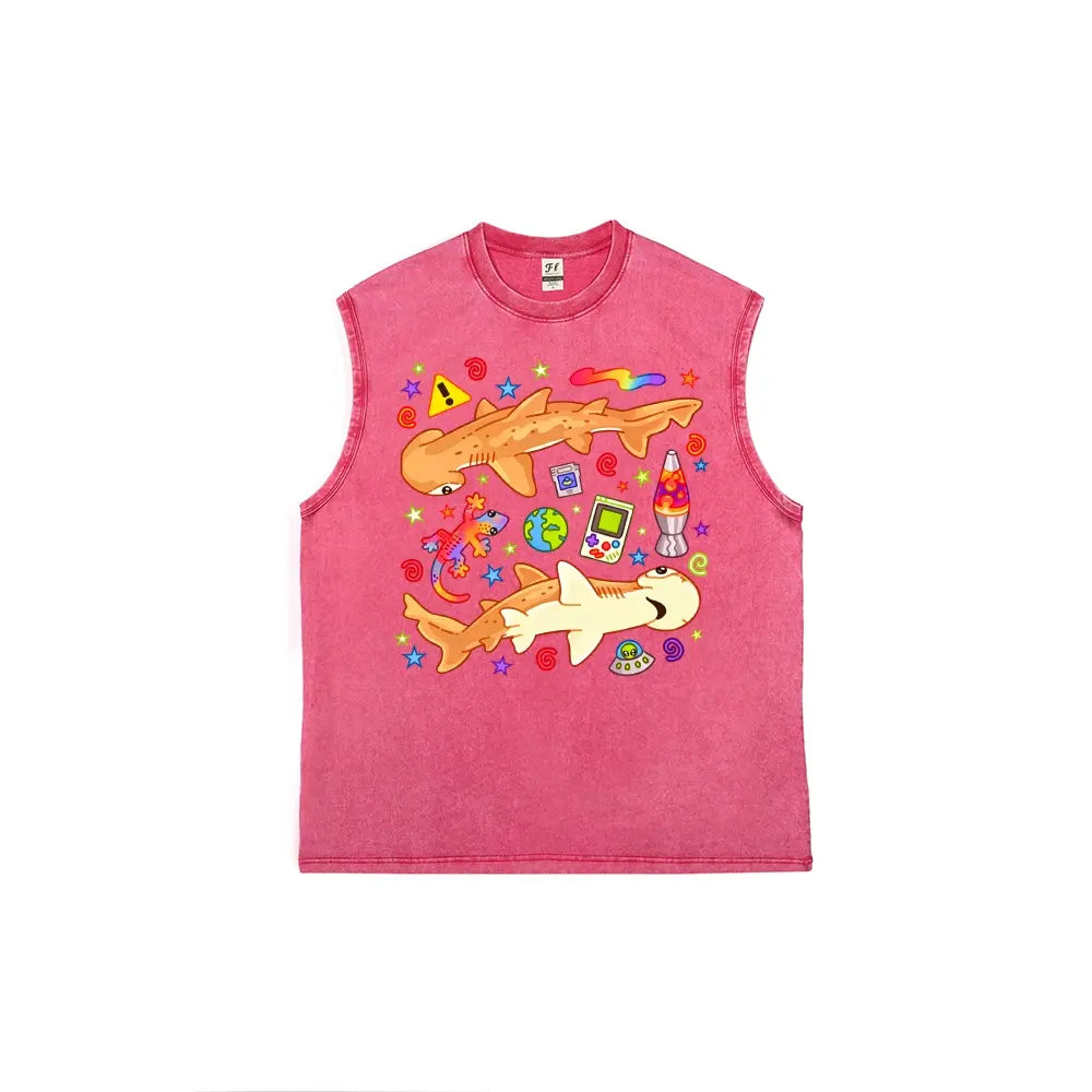 Ocean, childlike fun, psychedelic Cartoon Hammerhead Shark Unisex Plus Size Summer Graphic Tees Personalized Pattern Y2k Clothing Round Neck Short-Sleeved Washed Vests,Women's Clothing 100% Cotton, Menswear, Top, Vintage Style, Casual Oversized