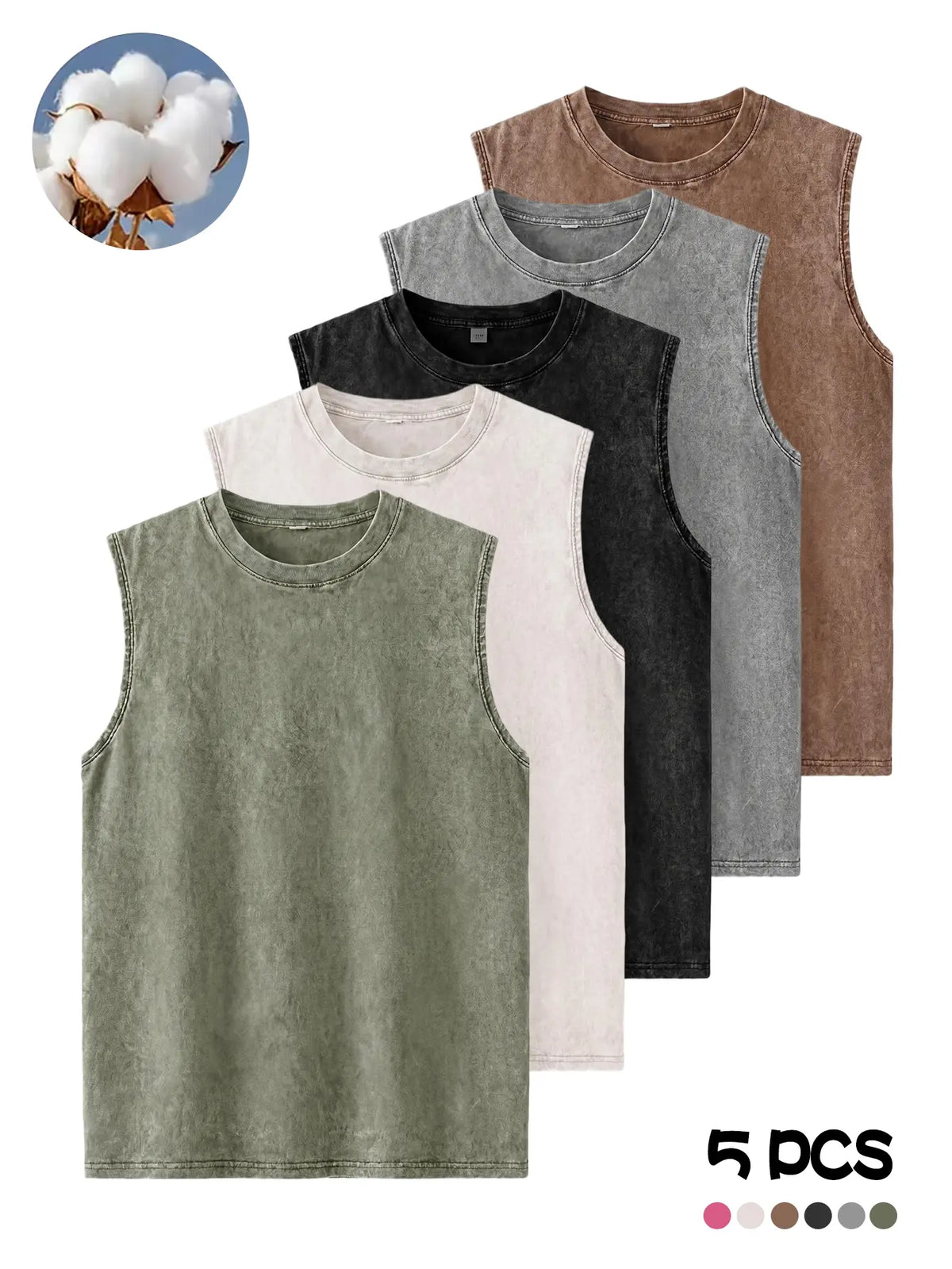 Men's Fashion Washed Pure Cotton Crew Neck Sleeveless Tank Tops, Breathable Moisture-Wicking Vest for Summer Outdoor Sports, Casual Outings