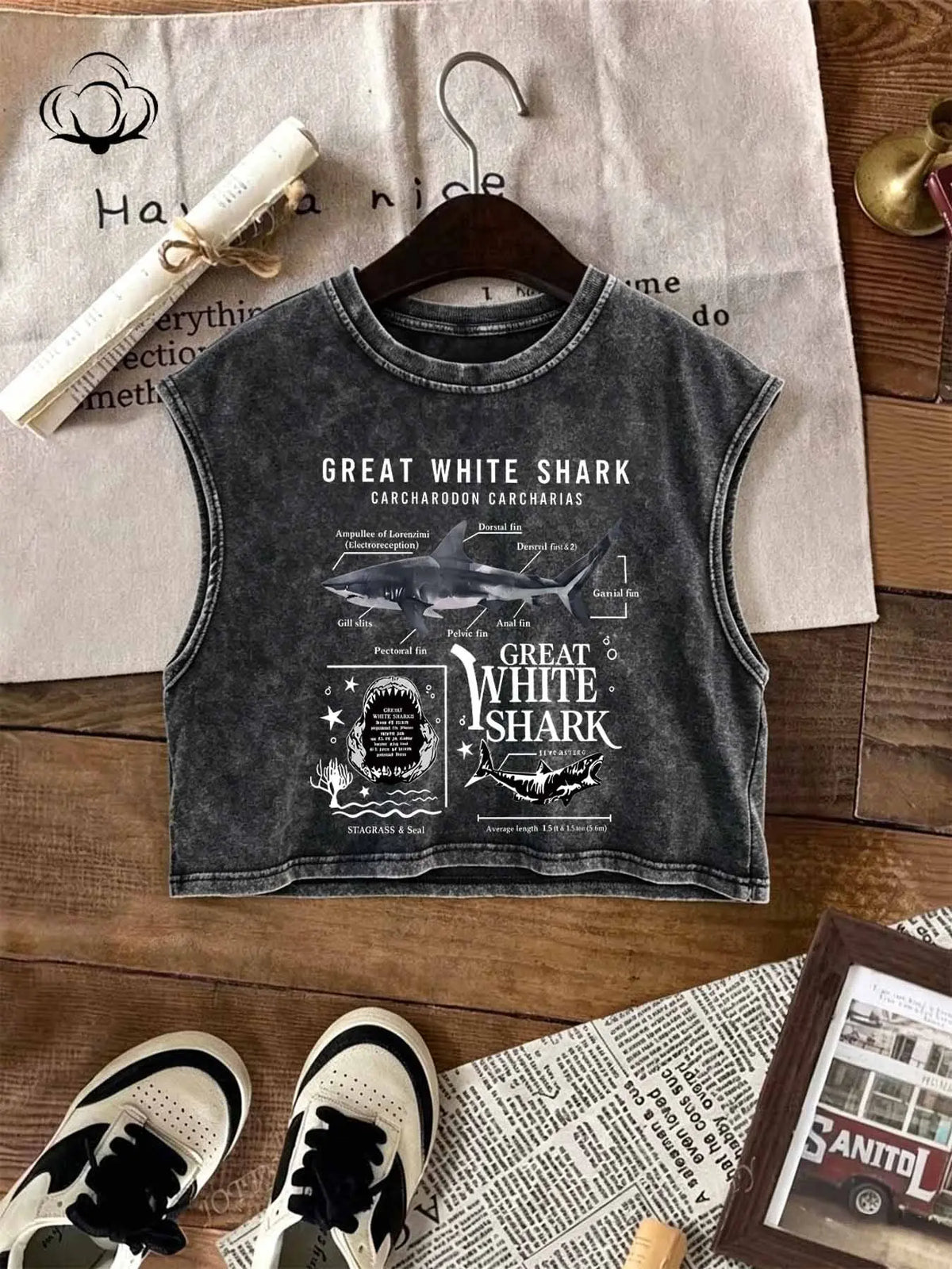 Vintage Animal Shark Print Top, Tank Shirt, Unisex Loose Fit Streetwear, Breathable Comfort Fabric, Perfect for Spring Summer