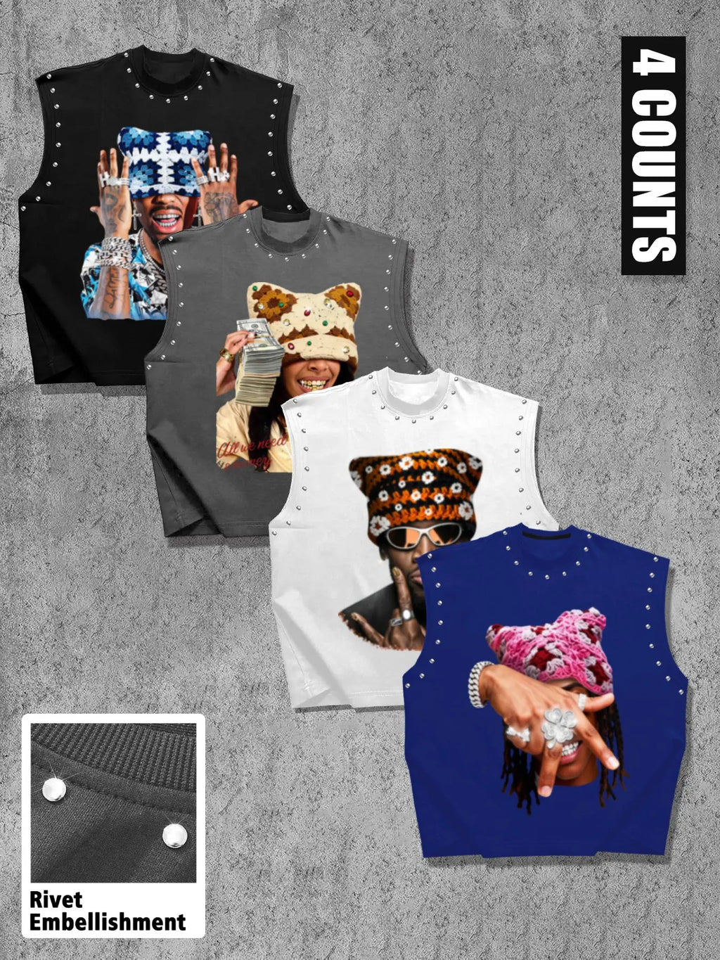 Men's Casual 4-Piece Tank Top Set, Sleeveless High Street Graphic Portrait Print, Regular Fit, Trendy and Comfortable, Perfect for Daily Wear, Sleeveless Tanks