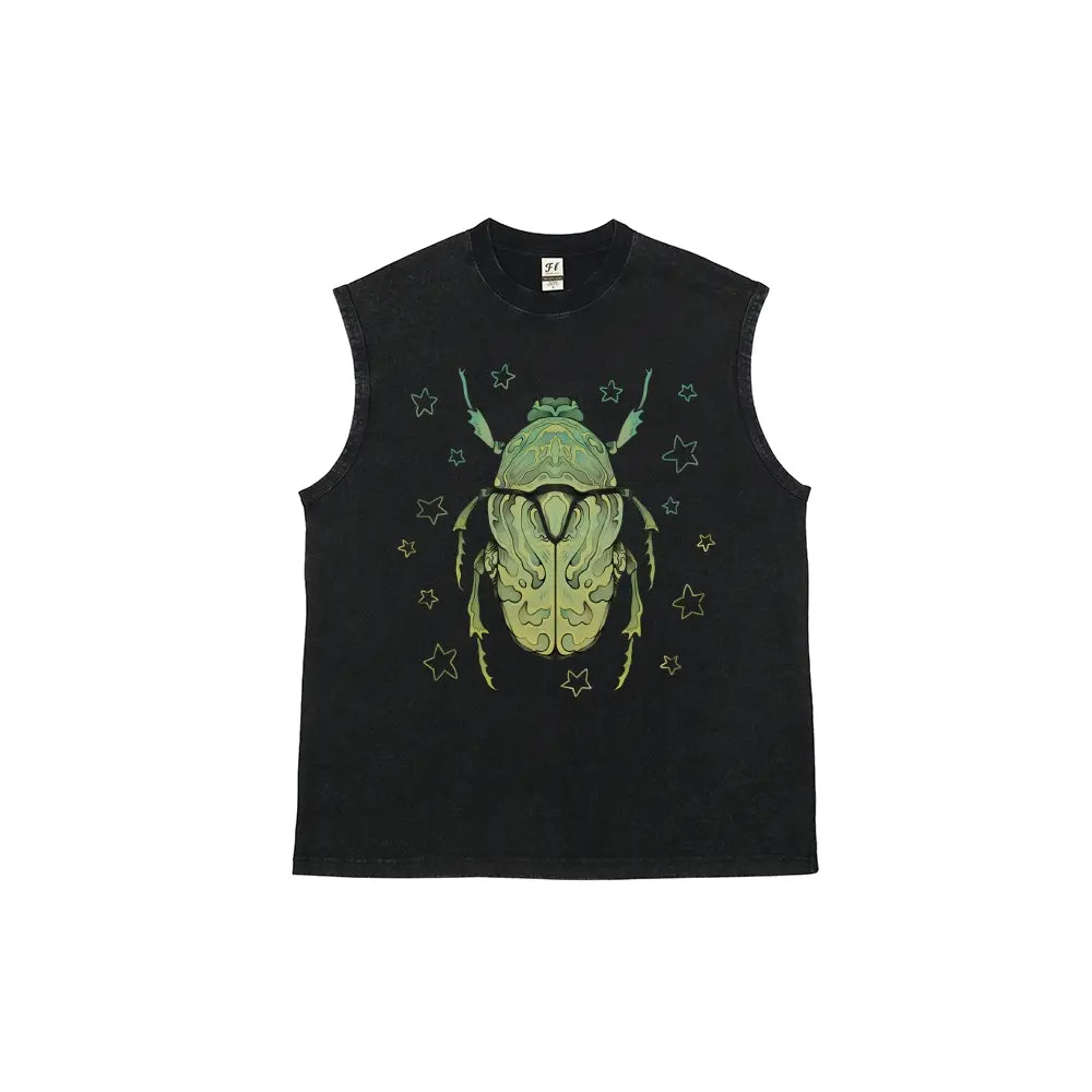 Men's Green Scarab Beetle Vintage Washed Pure Cotton Tank Top - Tshirt, Relaxed Fit, Distressed Look, Mensfashion, Back to School Shopping, Soho Chic