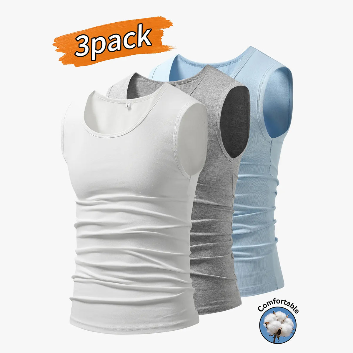 3-Pack Men’s Tank Tops, Men’s Sleeveless T-Shirts, Men’s Cotton Tank Tops Crew neck, simple design; soft, stretchy fabric that feels gentle against the skin and is breathable when worn. Suitable for everyday layering, home wear/sleeping, and workouts/runn