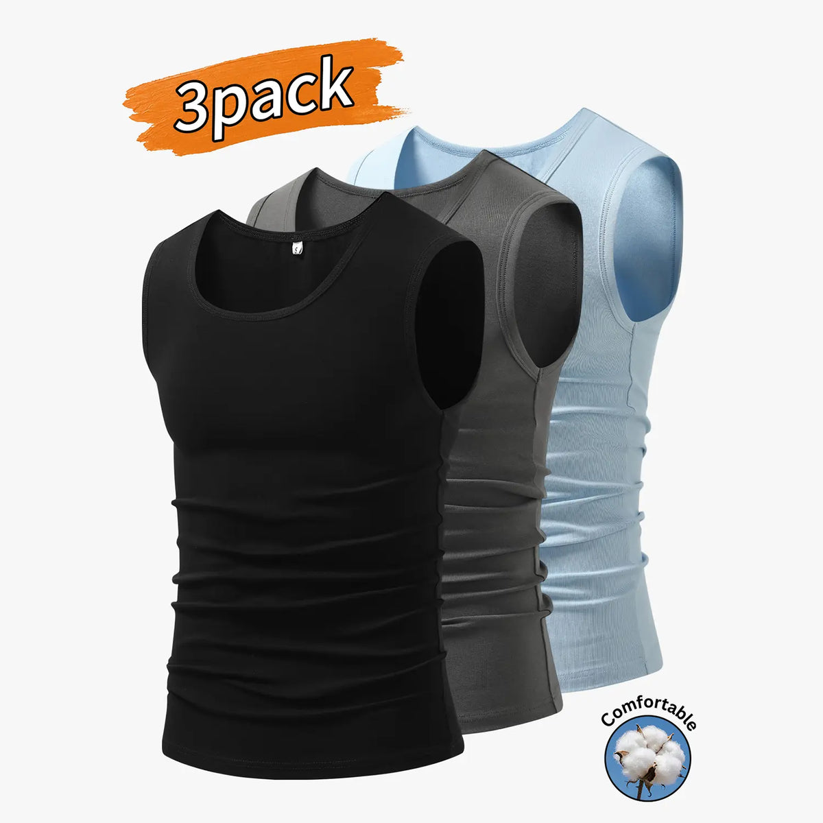 3-Pack Men’s Tank Tops, Men’s Sleeveless T-Shirts, Men’s Cotton Tank Tops Crew neck, simple design; soft, stretchy fabric that feels gentle against the skin and is breathable when worn. Suitable for everyday layering, home wear/sleeping, and workouts/runn