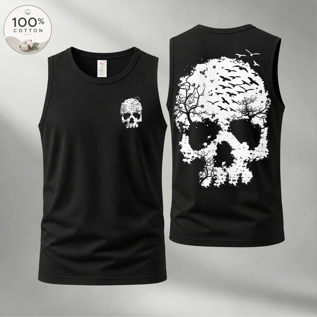 Men’s 100% Cotton Sleeveless Tank Top, Skull Graphic Muscle Shirt, Front and Back Print Casual Summer Tee, Soft Breathable Loose Fit Streetwear Top for Gym and Daily Wear