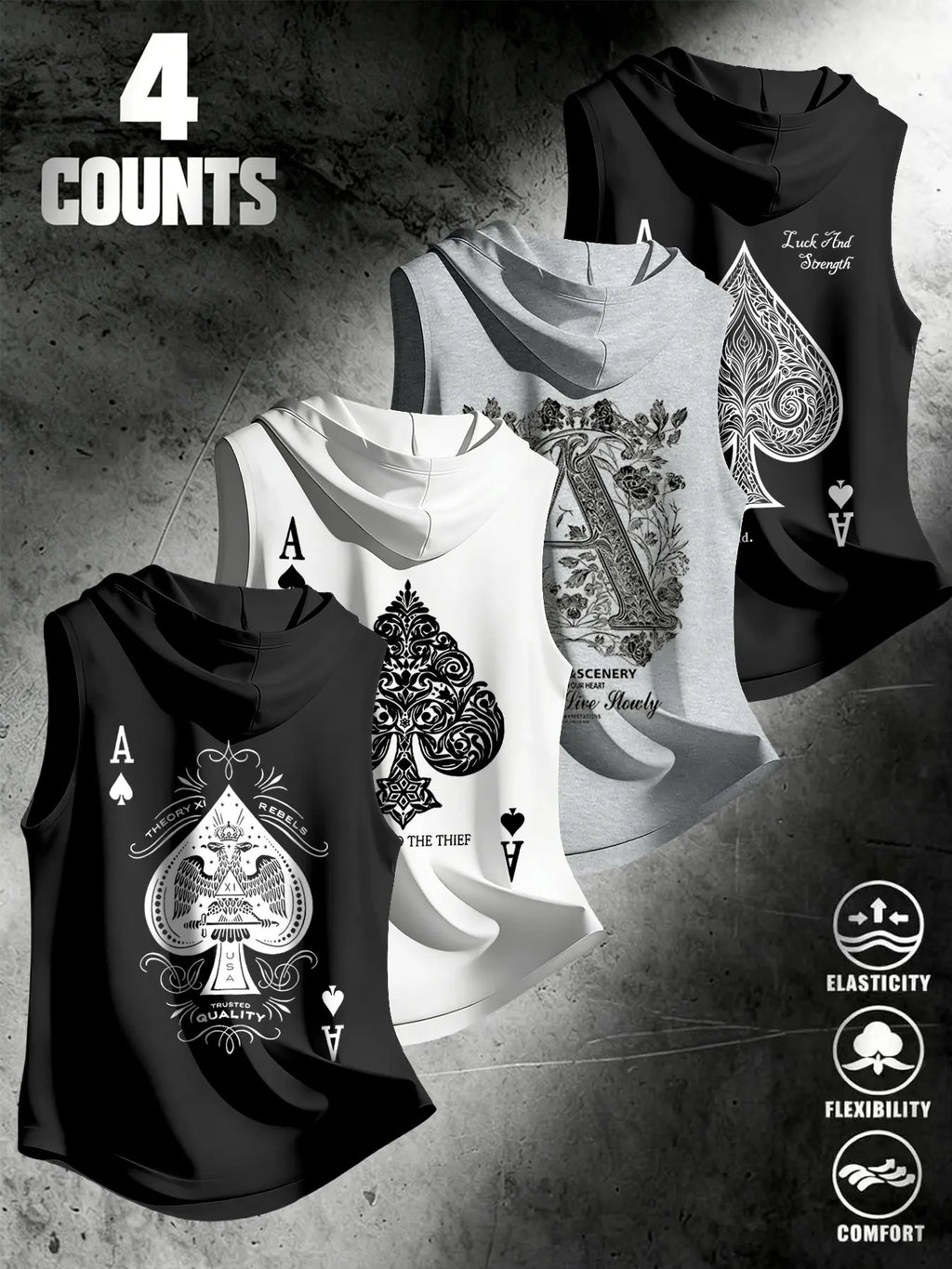 4 Piece Set Men's Streetwear Hooded Sleeveless Clothes Tank Tops, Urban Street Tank, Ace Dark Style, Loose Fit, Multi-Color, Casual Fitness Wear, Stylish Tank Tops