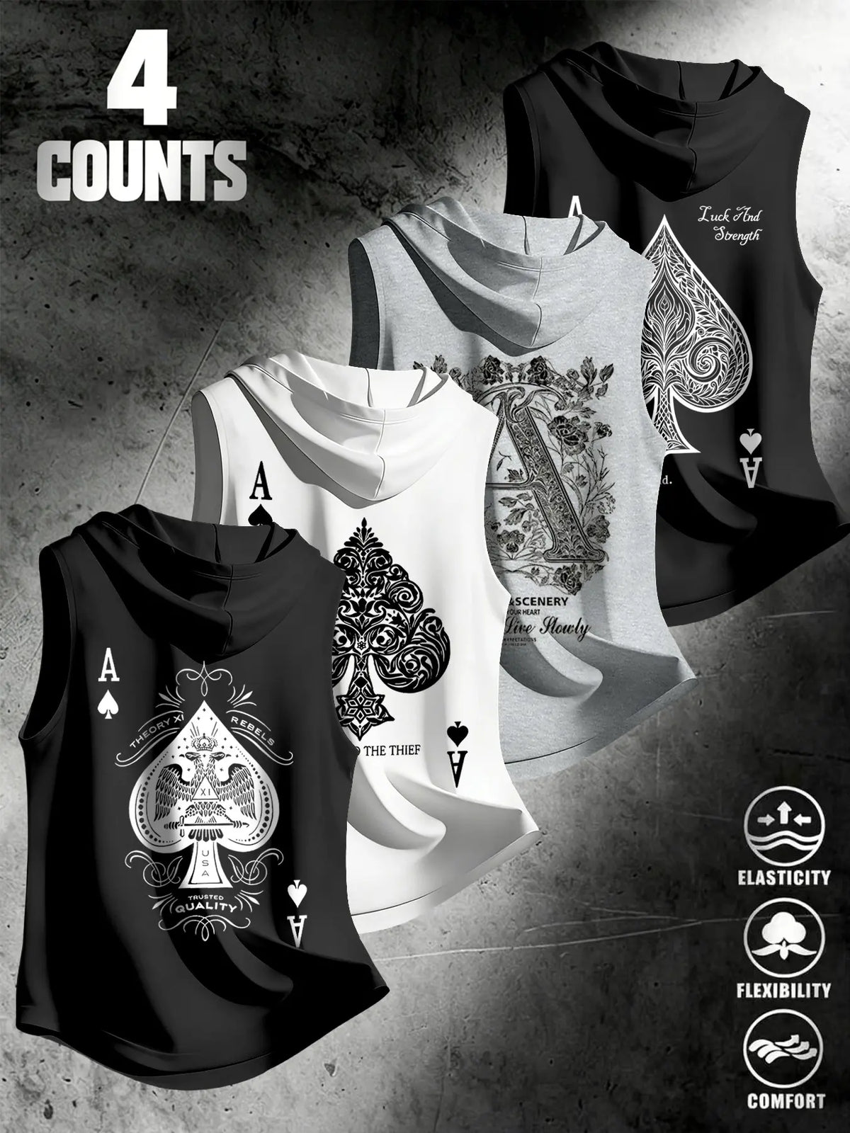4 Piece Set Men's Streetwear Hooded Sleeveless Clothes Tank Tops, Urban Street Tank, Ace Dark Style, Loose Fit, Multi-Color, Casual Fitness Wear, Stylish Tank Tops