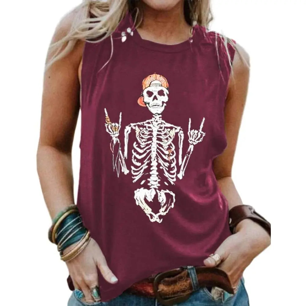 Women's Skull Graphic Print High Neck Sleeveless Tank Top - Flattering Cut, Sleeveless Shirt, Sporty Chic, Size M, Workout-to-Weekend, Short Length, Summer Casual Athletic Wear