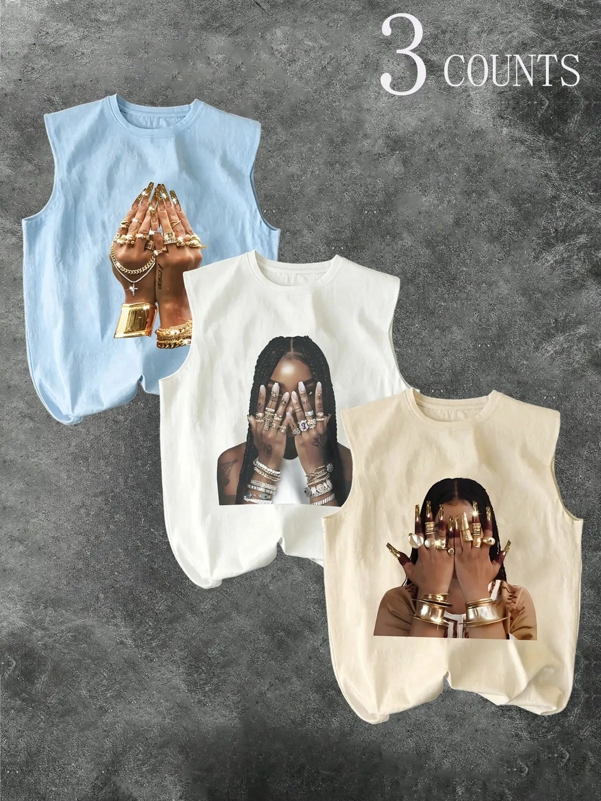 Men's Three-Piece Trendy Casual Oversized Loose Sleeveless Vest Set, Face-Wiping Woman Graphic Print, Perfect for Summer Clothes, Vacation, Friend Gatherings