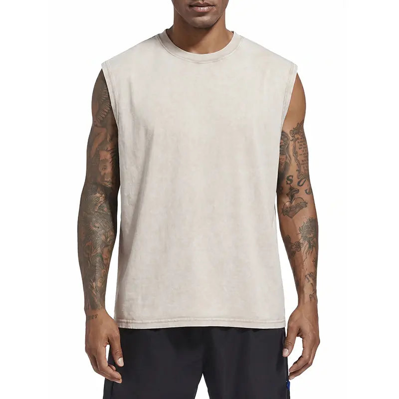 Men's Fashion Washed Pure Cotton Crew Neck Sleeveless Tank Tops, Breathable Moisture-Wicking Vest for Summer Outdoor Sports, Casual Outings