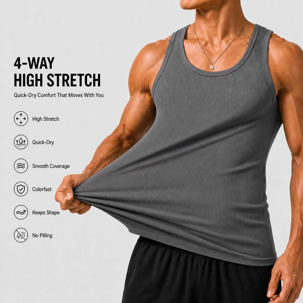 Summer men’s 2-pack anti-crease, no-bulge, high-stretch sleeveless U-neck tank tops—colorfast, wear-resistant, non-pilling, shape-stable—suitable for everyday, indoor, and sports casual wear.