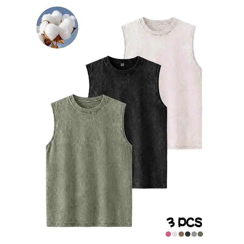 Men's Fashion Washed Pure Cotton Crew Neck Sleeveless Tank Tops, Breathable Moisture-Wicking Vest for Summer Outdoor Sports, Casual Outings