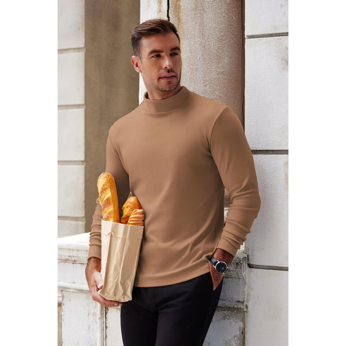 COOFANDY Men's Slim Fit Mock Turtleneck Long-Sleeve Spandex Knit Pullover Top - Basic Lightweight Thermal Undershirt with Warmth, Formal Work Wear for Pairing with Jackets, Suits, Jeans, Quality Fabric