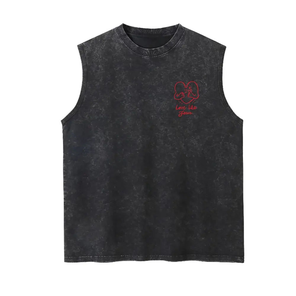 Men's 1 Corinthians 13 "Love Never Fails" Retro 90s Graphic Tank Top - High GSM Cotton, Garment Washed, Broken-In Softness, Sleeveless Vest, Textured Fade, Round Neck, Loose Fit, Distressed Drape, Retro Vibe, Modern Edge, Streetwear Use