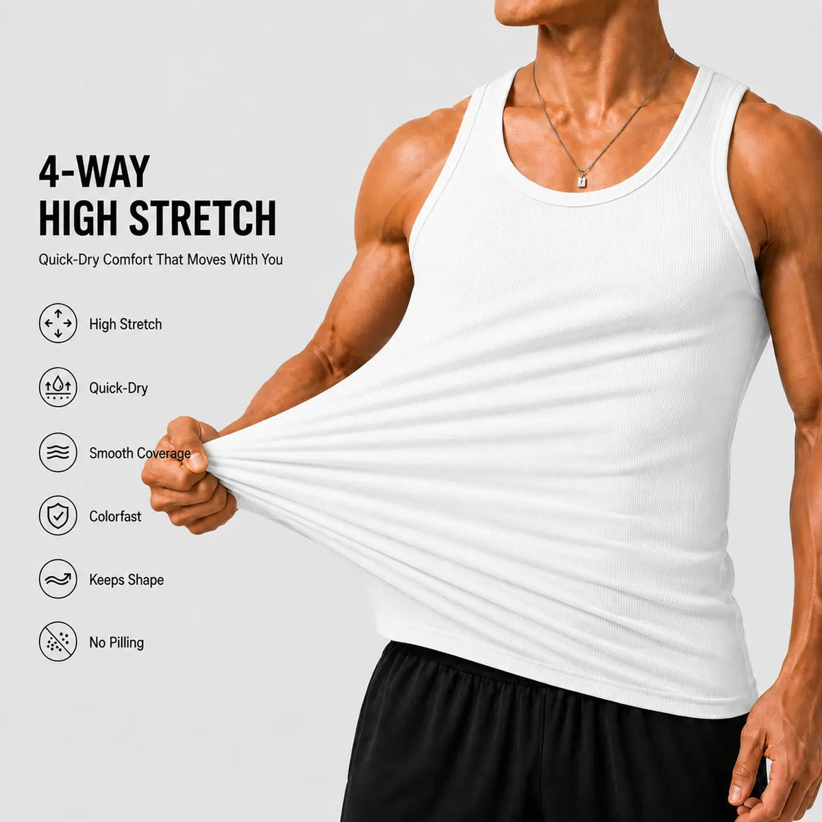 Summer men’s 2-pack anti-crease, no-bulge, high-stretch sleeveless U-neck tank tops—colorfast, wear-resistant, non-pilling, shape-stable—suitable for everyday, indoor, and sports casual wear.