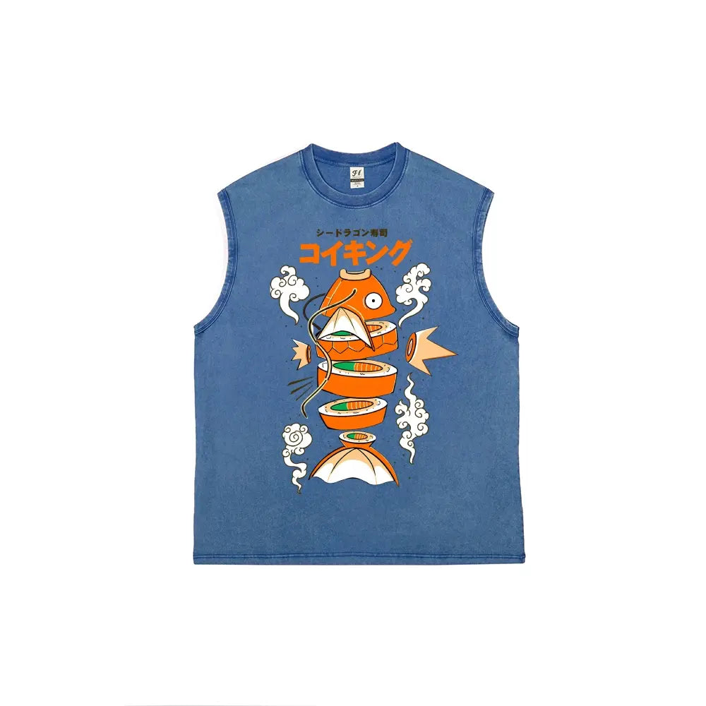 Men's Vintage Graphic Tank Top with Japanese Sushi Print - Distressed 100% Cotton Streetwear, Loose Fit & Breathable Fabric
