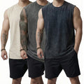 Men's 3-Pack Pure Cotton Retro Washed Baggy Casual Vests - Loose Fitting, Round Neck, Sleeveless, Sleeveless Freedom, Plain, Sporty Chic, Minimalist, Comfortable, Black+Gray+Apricot, Menswear Essentials for Workout, Outdoors