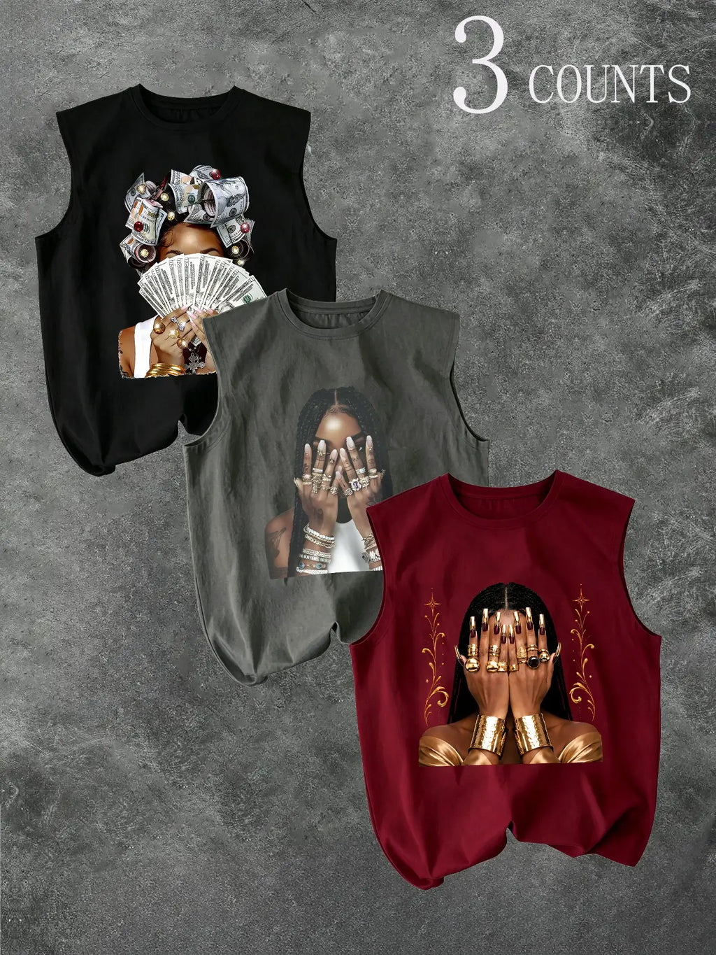 Men's Three-Piece Trendy Casual Oversized Loose Sleeveless Vest Set, Face-Wiping Woman Graphic Print, Perfect for Summer Clothes, Vacation, Friend Gatherings