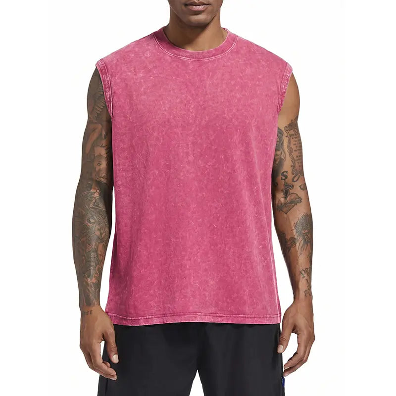 Men's Fashion Washed Pure Cotton Crew Neck Sleeveless Tank Tops, Breathable Moisture-Wicking Vest for Summer Outdoor Sports, Casual Outings