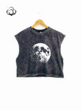 New Summer Short Round Neck Loose Fit Sleeveless Tank Top, Moon Planet Print, Unisex, Wide Arm Design, Pair with Bralette