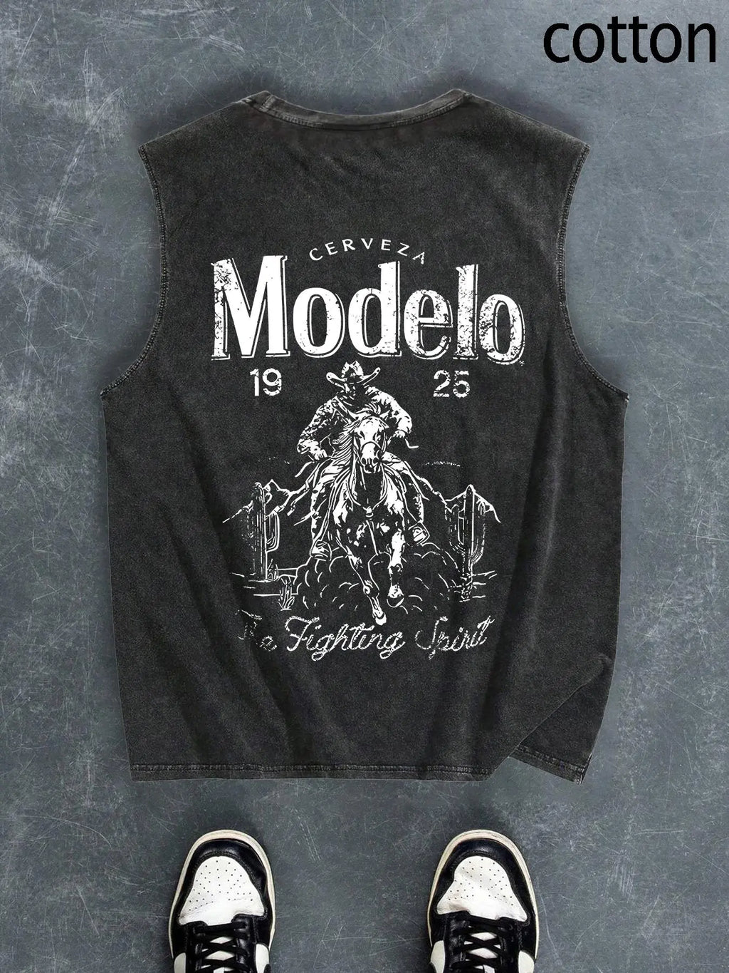 Men's Regular Fit Cartoon Cowboy & Letter Print Tank Top, Casual Comfy Breathable Sleeveless Top for Summer, Fashion Men's Clothes for Daily Wear, Socks
