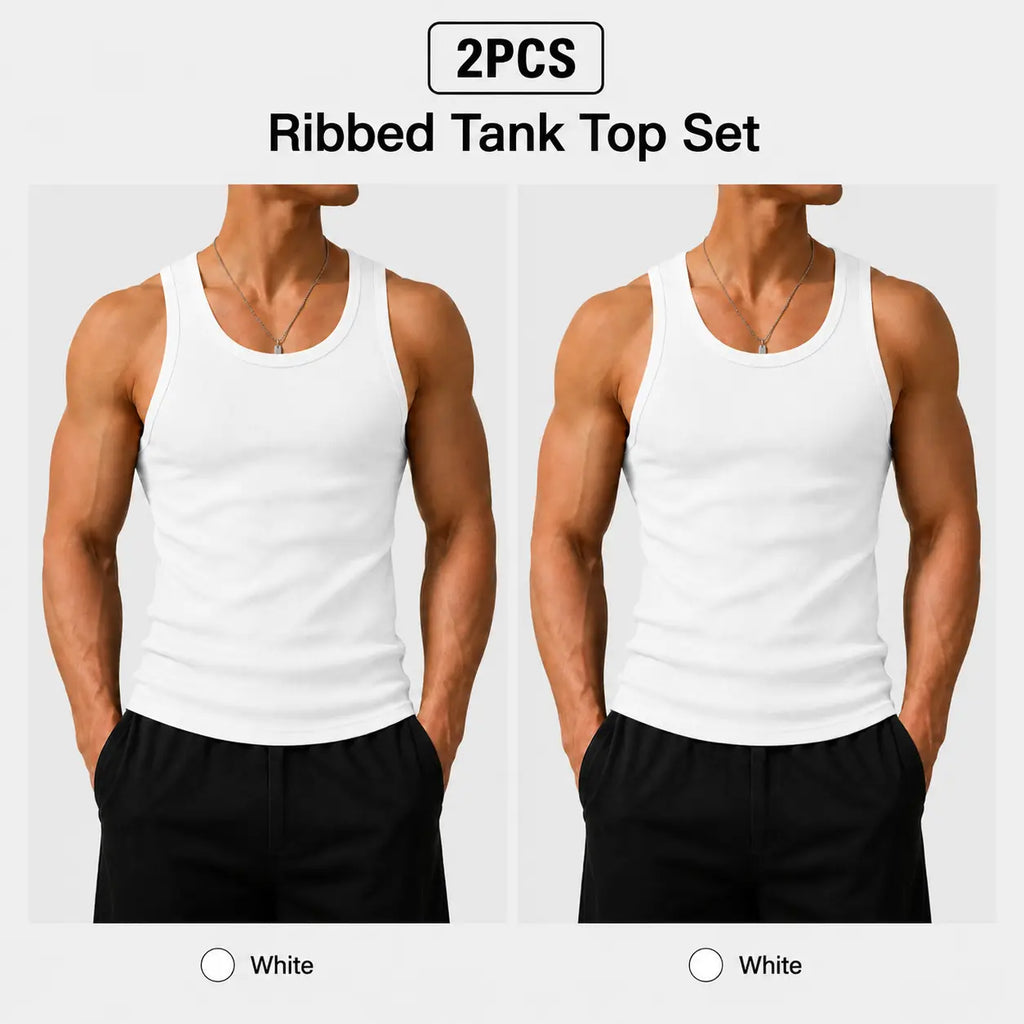 Summer men’s 2-pack anti-crease, no-bulge, high-stretch sleeveless U-neck tank tops—colorfast, wear-resistant, non-pilling, shape-stable—suitable for everyday, indoor, and sports casual wear.