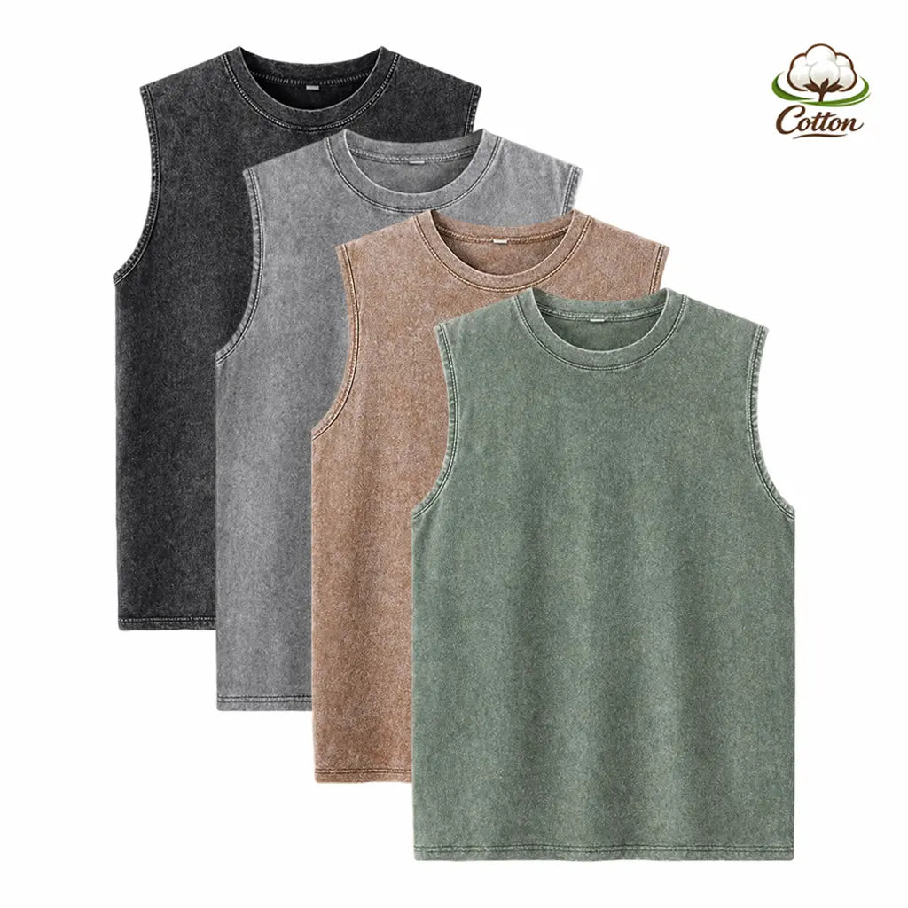 Men’s Plus-Size 4-Piece Classic Crew Neck Tshirt Set, Heavyweight Cotton, Stone-Washed Distressed Finish, Relaxed Drop-Shoulder, Reinforced Ribbed Trim, Retro Streetwear, Black+Gray+Green+Brown, Suitable for Fitness, American High-Street Basic