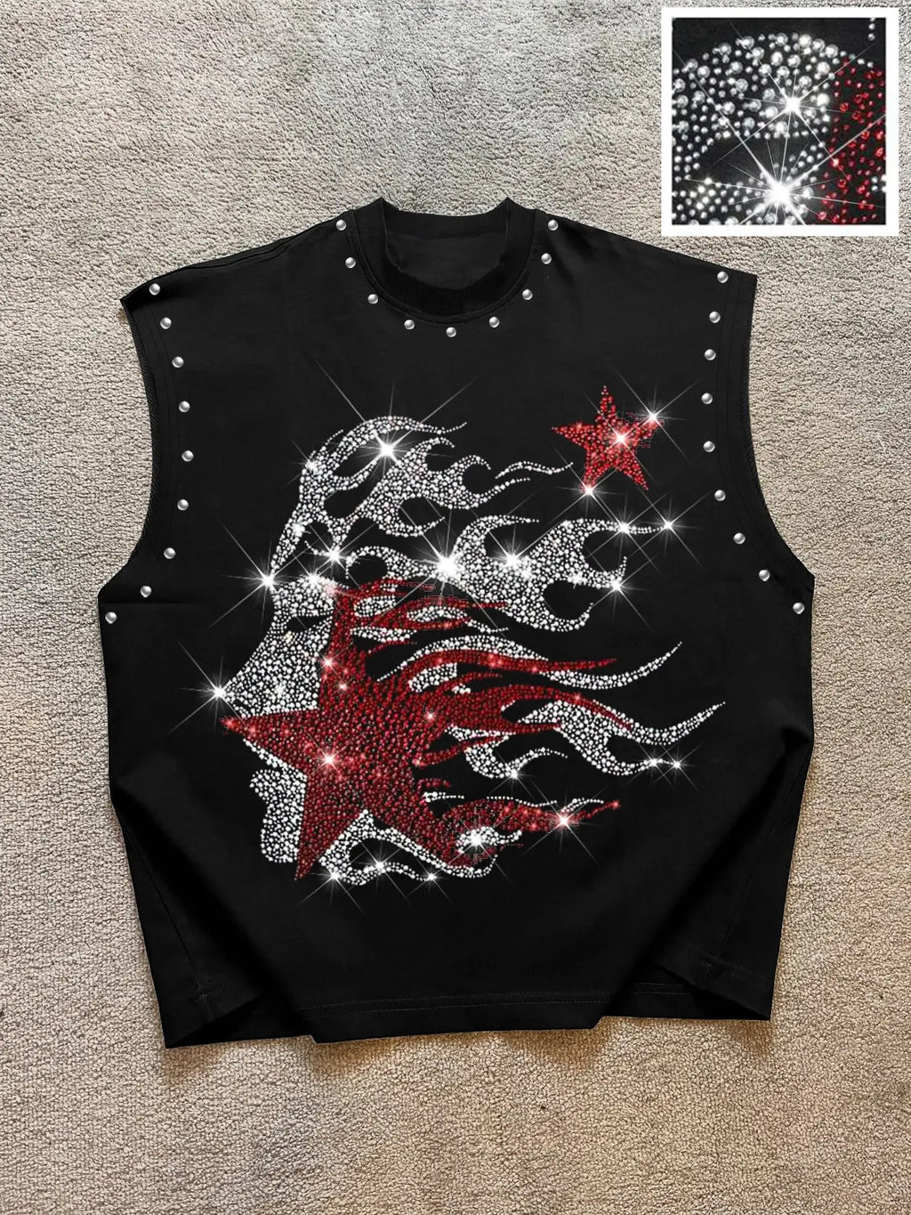 Men's Casual Graphic Sleeveless Sparkly Glitter Vest with Rhinestone Letters and Abstract Contour Print, Comfortable Regular Fit, Fashion Versatile, Street Style, Streetwear Tank Vest