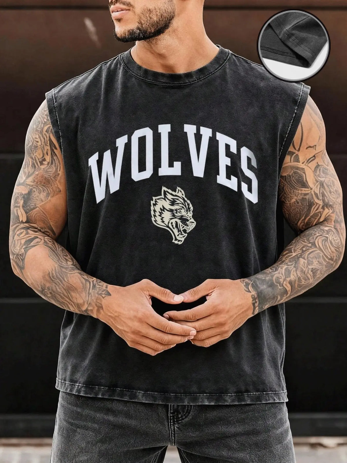 Men's Vintage Washed WOLVES Mascot Graphic Print Sleeveless Cotton Tank, Streetwear, Athletic Street Vest, Sportswear Crew Neck Cutoff Muscle Vest, Daily Workout Fitness Streetwear, Casual Sleeveless Top for Men