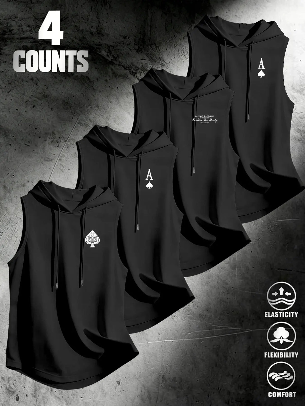4 Piece Set Men's Streetwear Hooded Sleeveless Clothes Tank Tops, Urban Street Tank, Ace Dark Style, Loose Fit, Multi-Color, Casual Fitness Wear, Stylish Tank Tops