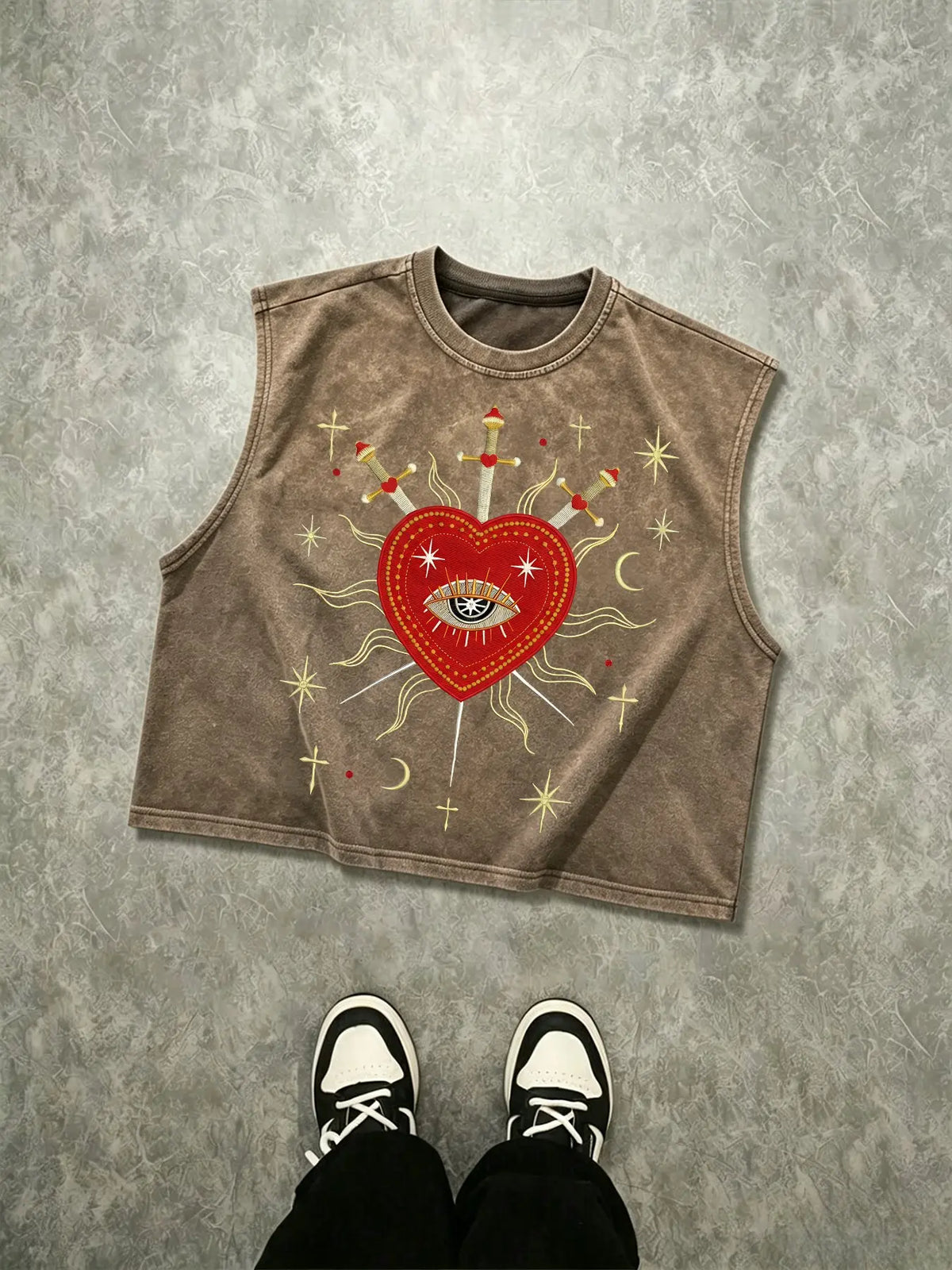 Men's Vintage-Washed Sleeveless Loose Baggy Oversized Graphic Tank Tops with Sacred Heart and All-Seeing Eye Graphic Print, Gothic Streetwear Vest