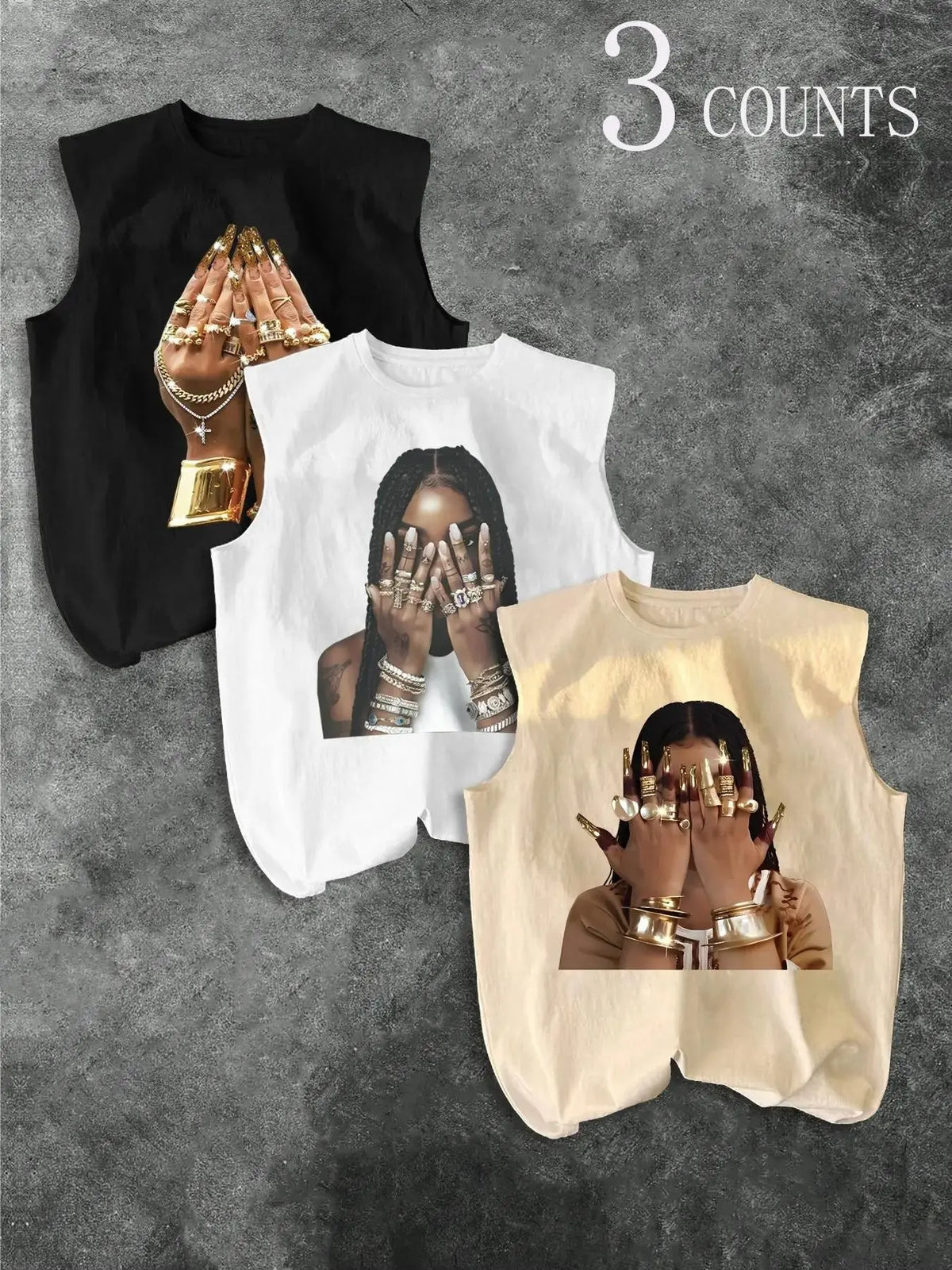 Men's Three-Piece Trendy Casual Oversized Loose Sleeveless Vest Set, Face-Wiping Woman Graphic Print, Perfect for Summer Clothes, Vacation, Friend Gatherings
