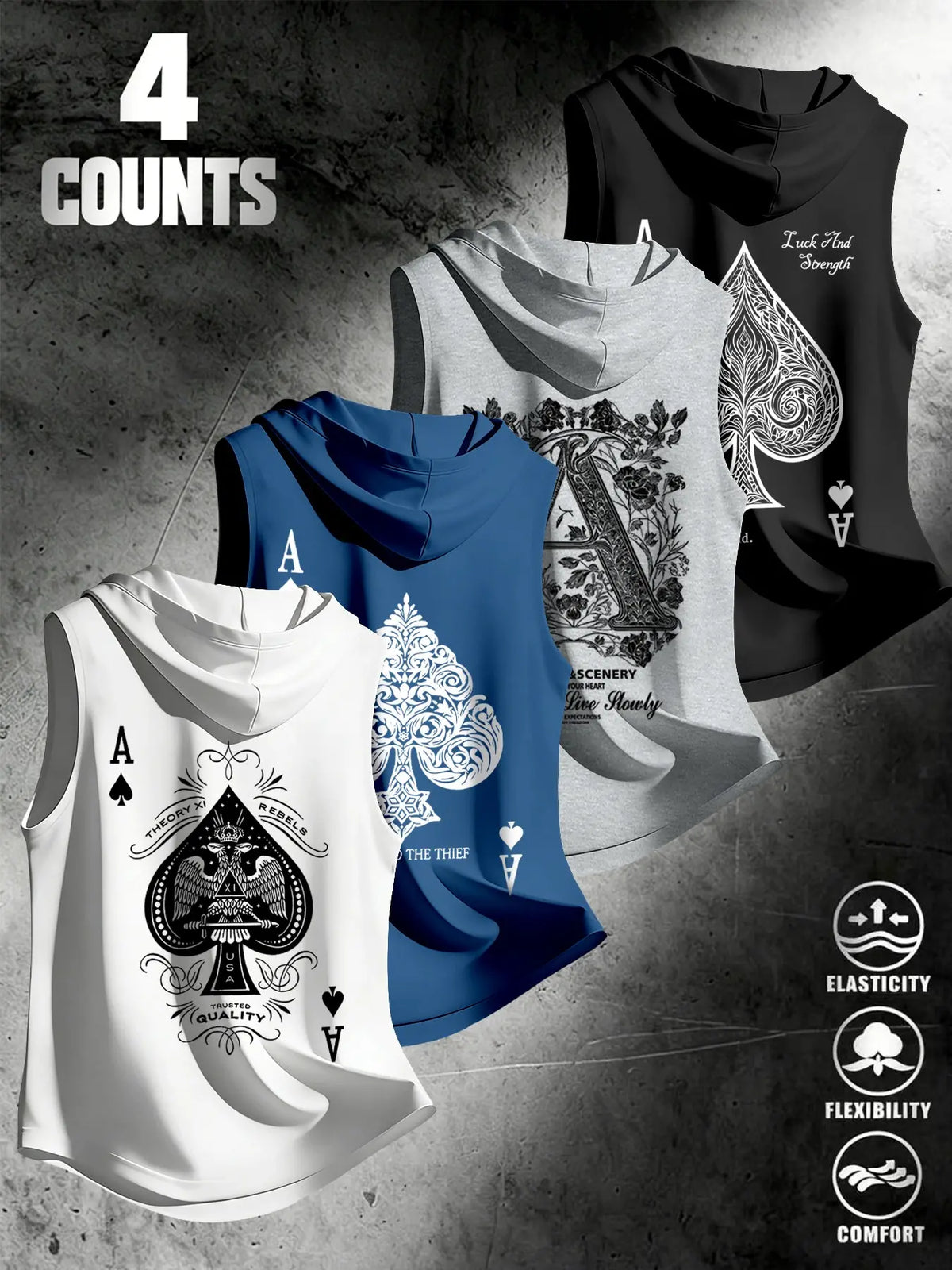 4 Piece Set Men's Streetwear Hooded Sleeveless Clothes Tank Tops, Urban Street Tank, Ace Dark Style, Loose Fit, Multi-Color, Casual Fitness Wear, Stylish Tank Tops