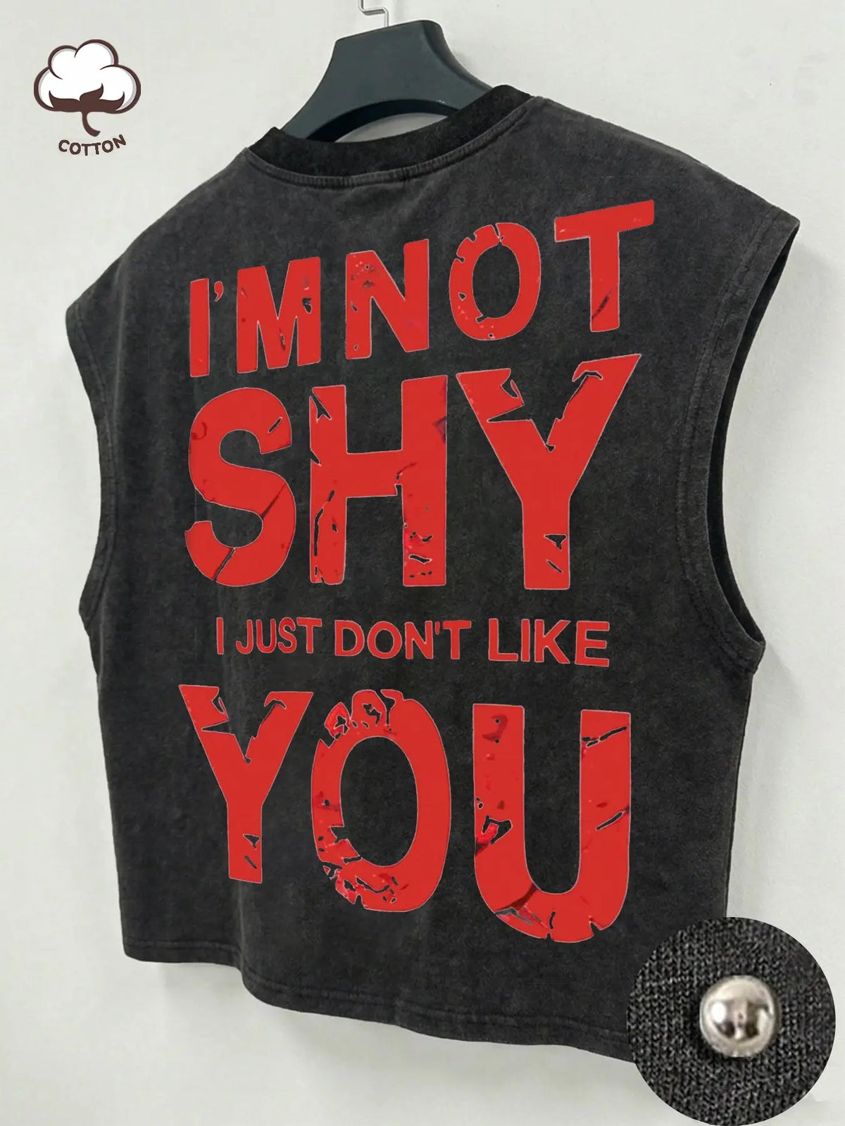 Men's Washed Black Sleeveless Modern Tank Top, Crop Top With Red Letter Print "I'm Not Shy", Casual Streetwear Fashion For Summer Daily Wear, Menswear