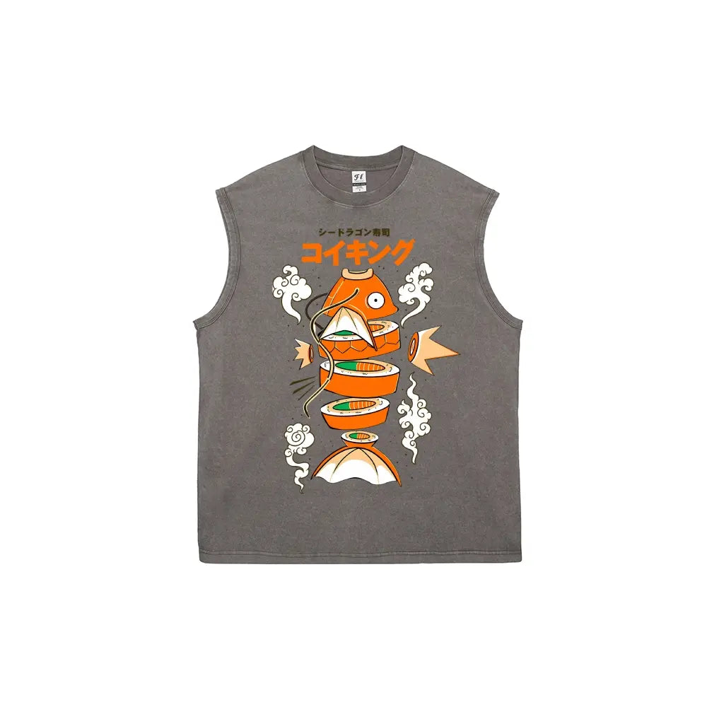 Men's Vintage Graphic Tank Top with Japanese Sushi Print - Distressed 100% Cotton Streetwear, Loose Fit & Breathable Fabric