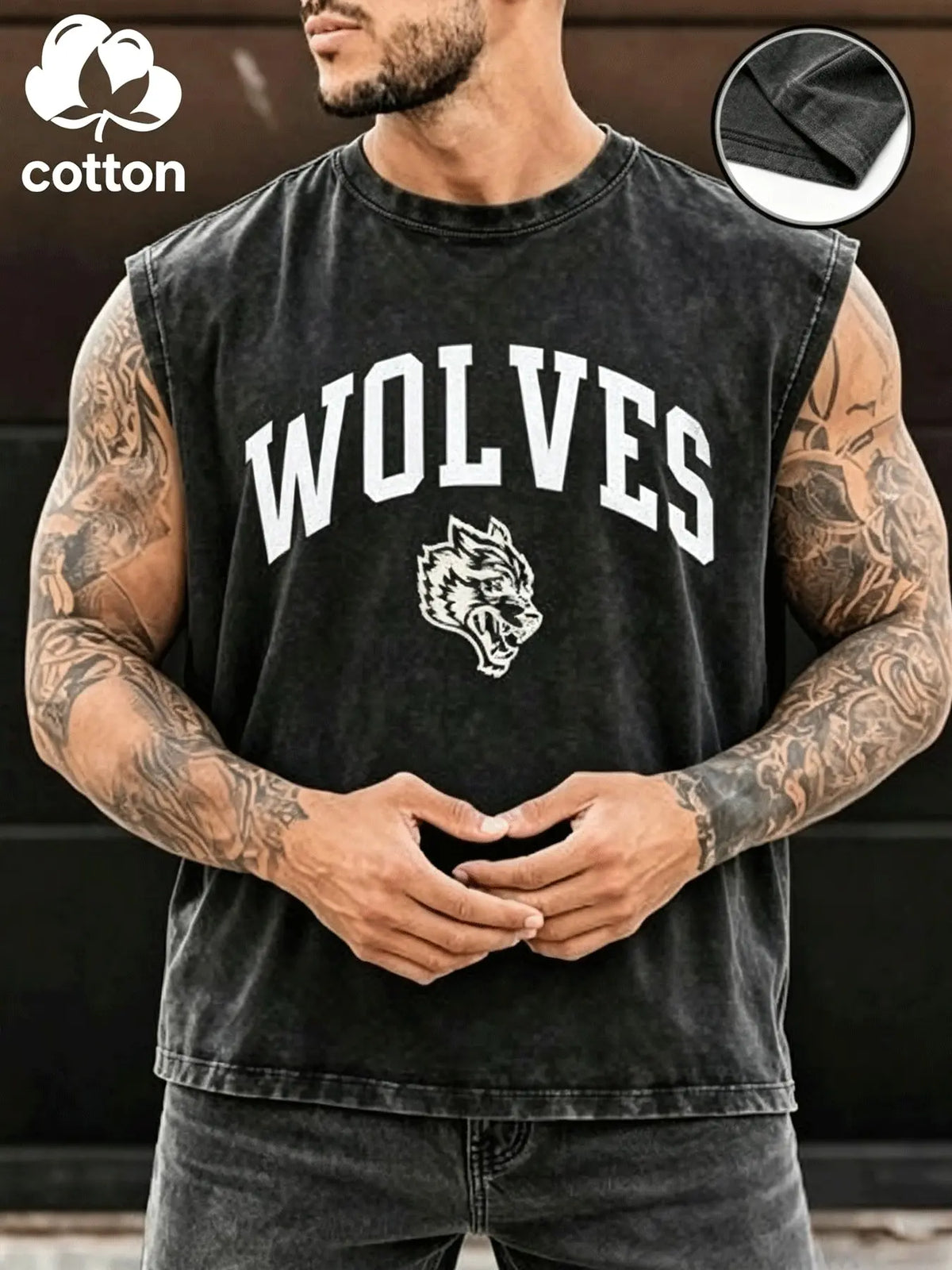 Men's Vintage Washed WOLVES Mascot Graphic Print Sleeveless Cotton Tank, Streetwear, Athletic Street Vest, Sportswear Crew Neck Cutoff Muscle Vest, Daily Workout Fitness Streetwear, Casual Sleeveless Top for Men