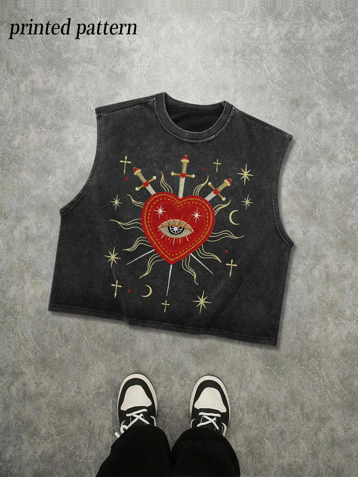 Men's Vintage-Washed Sleeveless Loose Baggy Oversized Graphic Tank Tops with Sacred Heart and All-Seeing Eye Graphic Print, Gothic Streetwear Vest