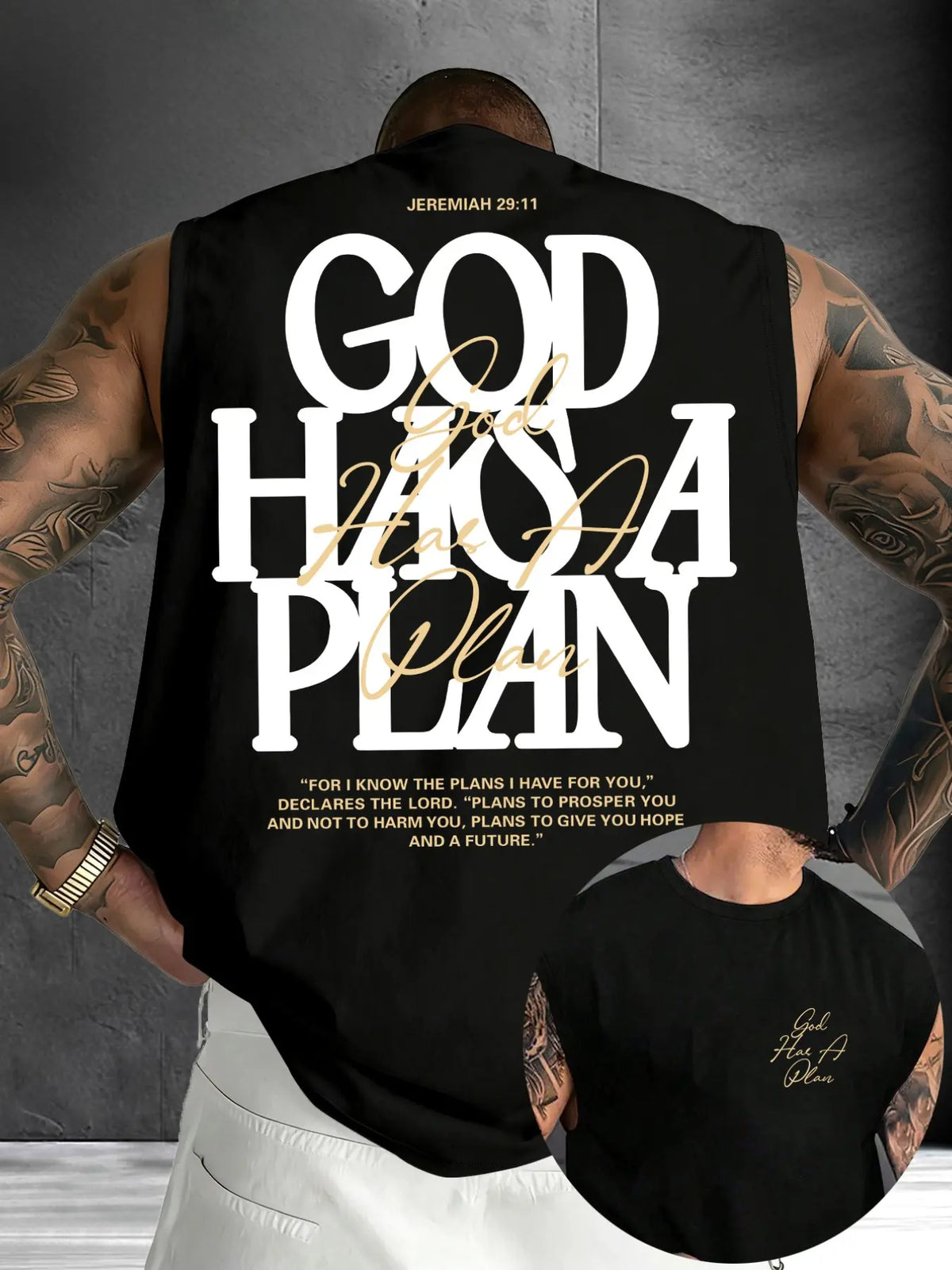 Men's "God Has A Plan" Graphic Sleeveless Shirts Print Urban Street Tank Top, Casual Christian Streetwear Vest, Faith Inspired Tee #GodHasAPlan #ChristianTankTop #FaithBasedStreetwear #ReligiousPrintTank #TikTokMadeMeBuyIt