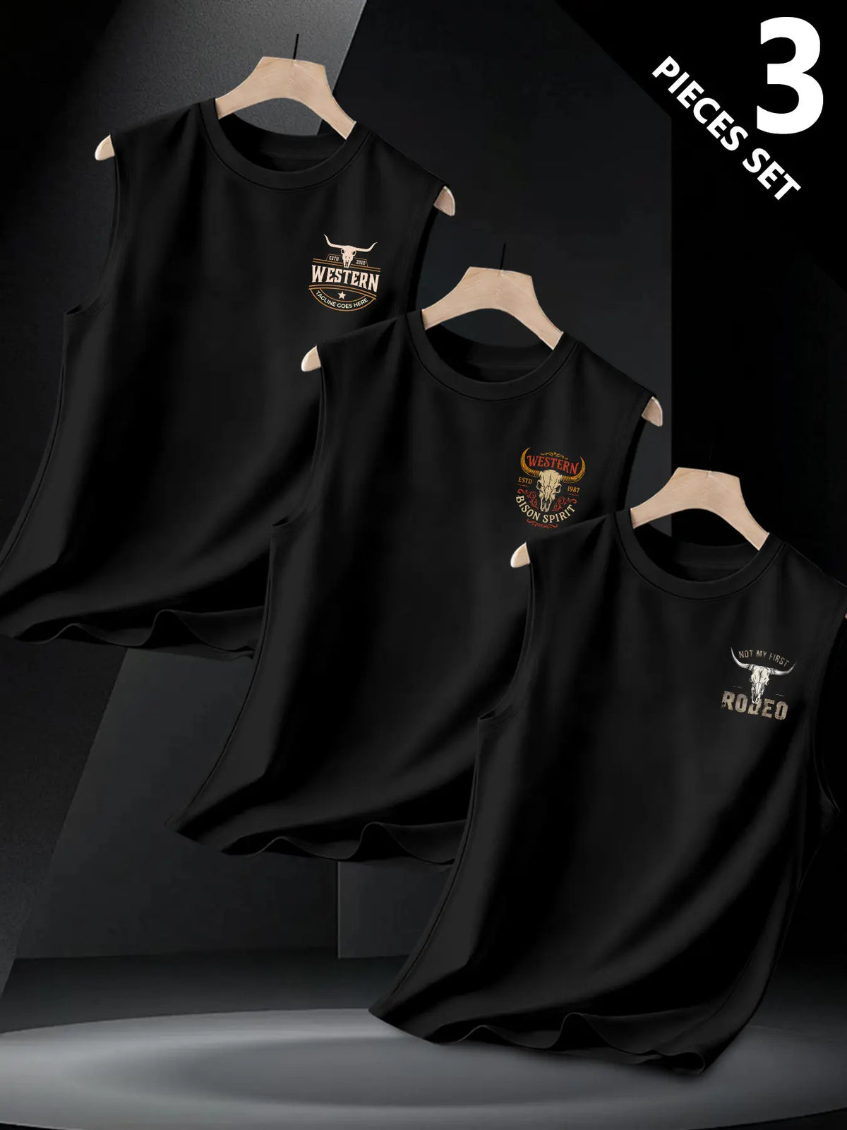 3-Pack Texas Western Cowboy Print Sleeveless Vest, Vintage Bull Head Design, Comfortable Sporty Top, Daily Wear, Unique Style, Tank Vest