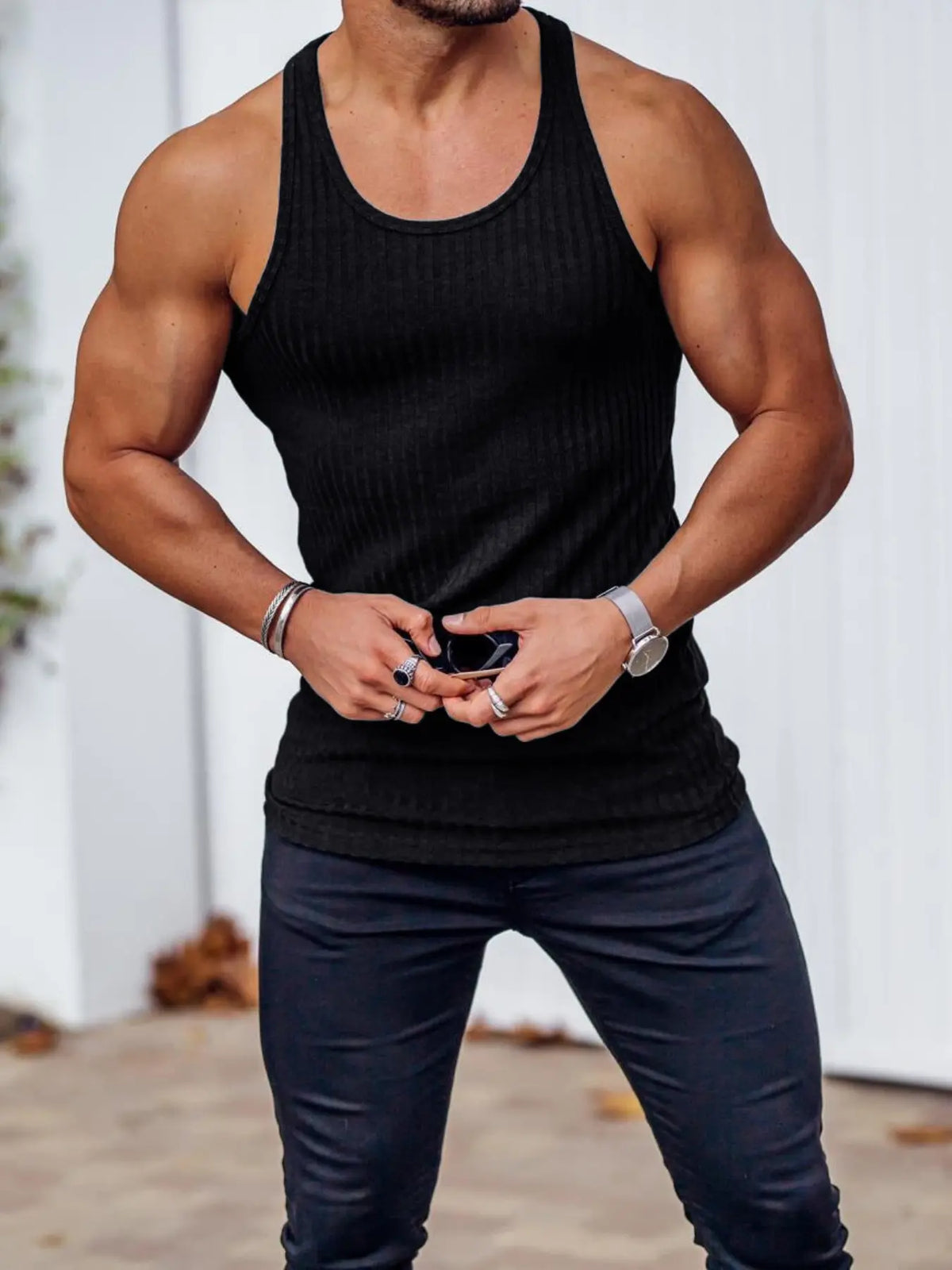 Men's Vertical Stripe Ribbed Knit Round Neck Vest, Muscle Tank Top, Sleeveless Tee, Tight Fit Casual for Summer Fitness, Ideal as an Inner Layer or Worn Alone, Striped, Knitted Vest