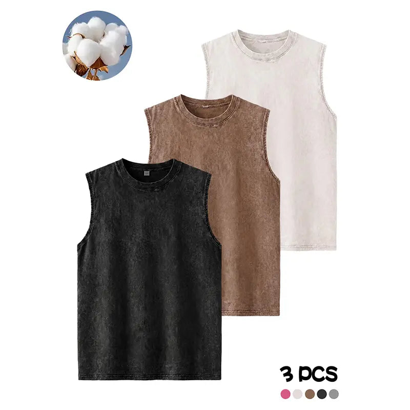 Men's Fashion Washed Pure Cotton Crew Neck Sleeveless Tank Tops, Breathable Moisture-Wicking Vest for Summer Outdoor Sports, Casual Outings