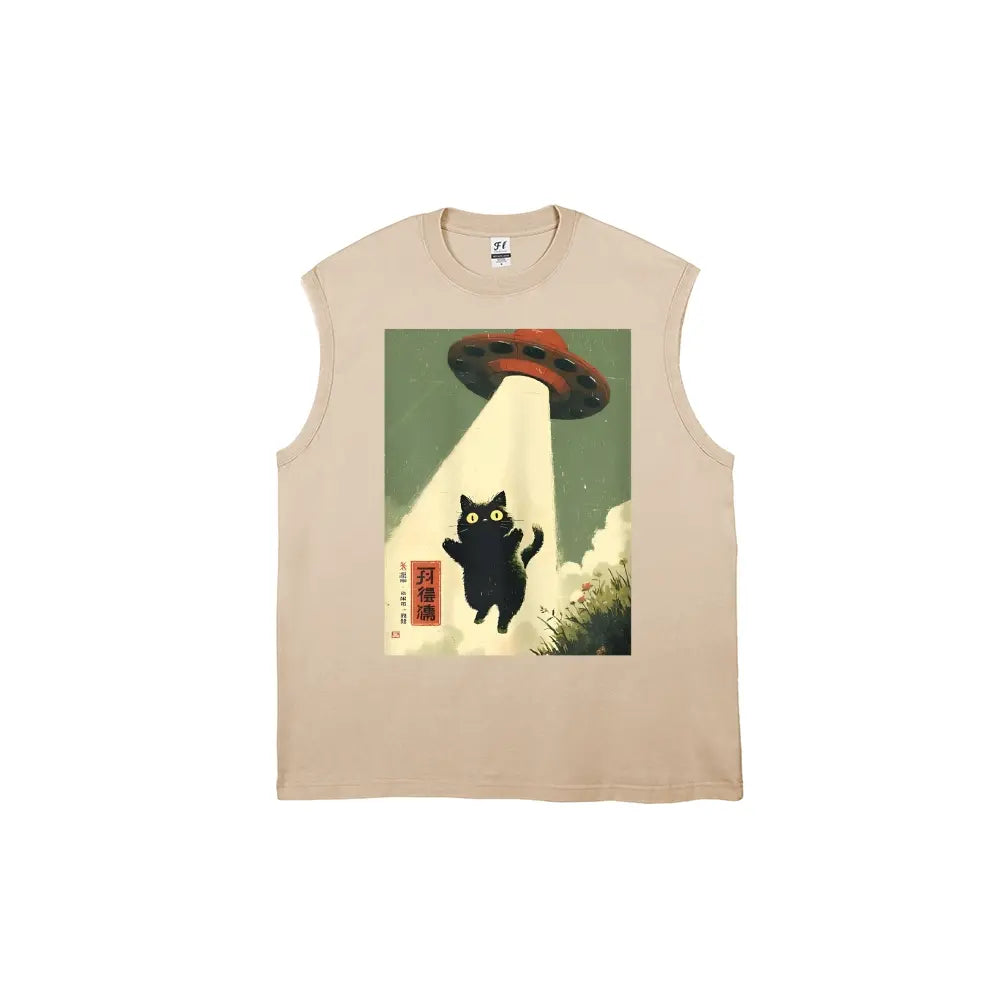 UFO Abducting Black Cat Retro Poster Style Unisex Plus Size Summer Sleeveless Vests Personalized Pattern Y2k Clothing Round Neck Washed Vests,Women's Clothing 100% Cotton, Menswear, Top, Vintage Style, Casual Oversized