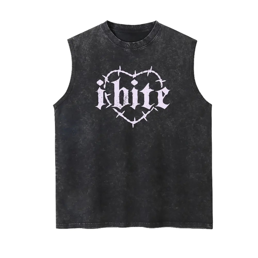 Men's "I Bite" Graphic Tank Top - 100% Cotton Vintage Washed Distressed Sleeveless Goth Streetwear, Soft Breathable Loose Fit Sarcastic Apparel, Casual Retro Alt Clothes Menswear, Tank Tops